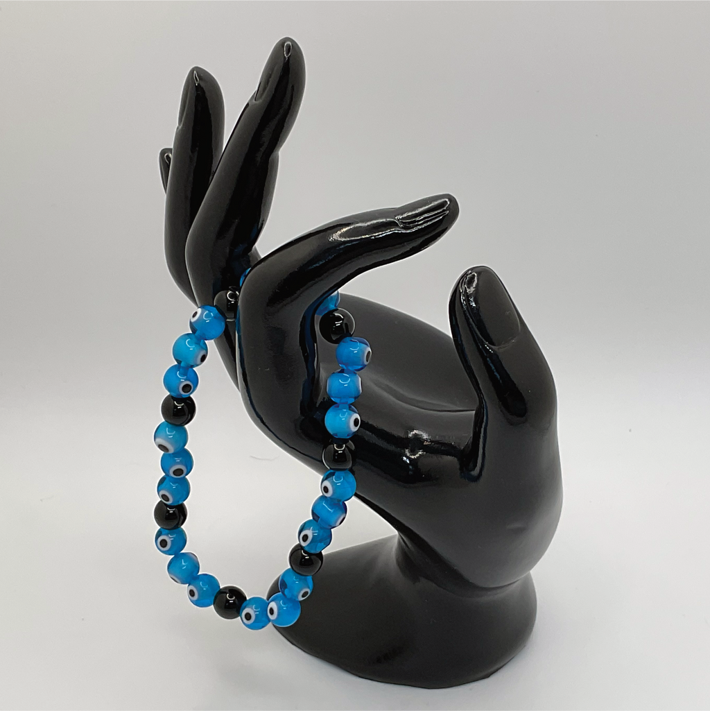 Blue Sea Glass Evil Eye Black Agate Bracelet