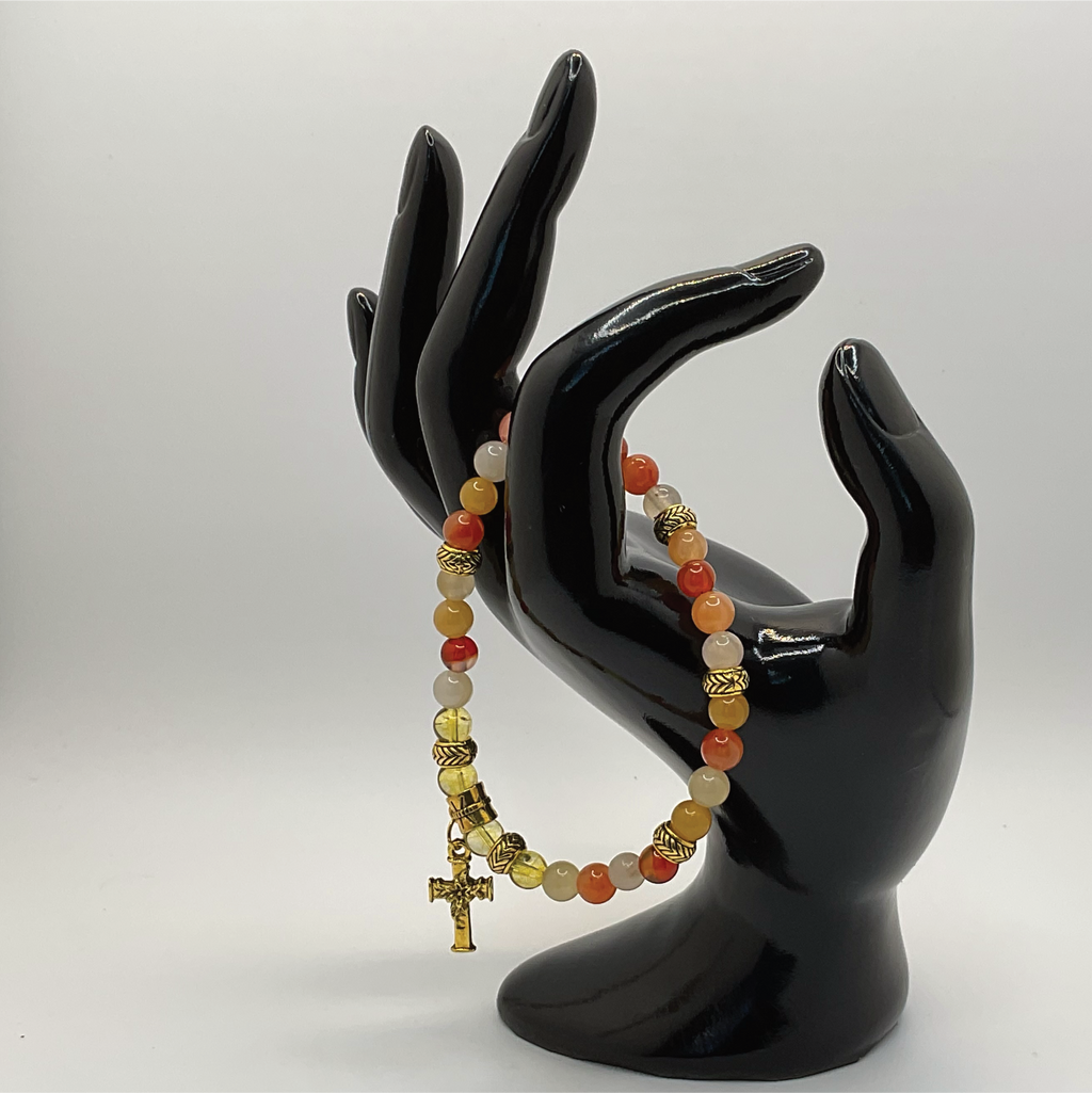 Oriental Agate Citrine Holy Cross Charm Bracelet with Gold Spacers