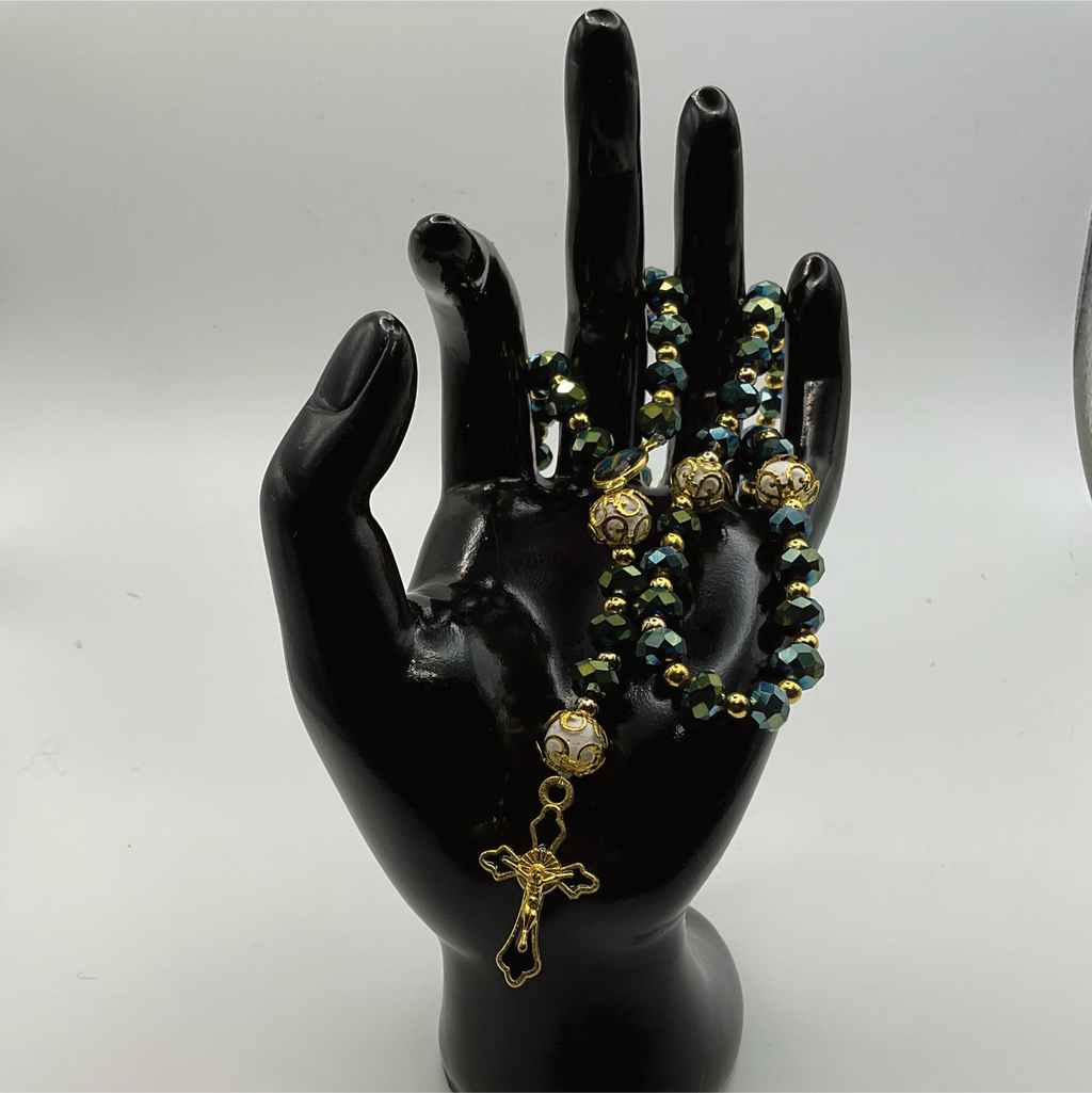 Green Faceted Full 5 Decade Gold Rosary