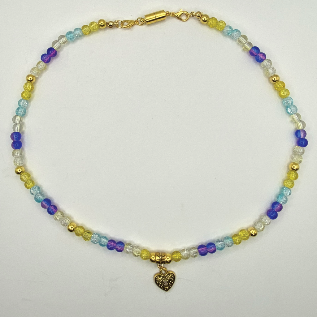 18" Crackle Yellow Light Blue Dark Blue Clear Locked Heart Glass Necklace with Gold Spacers