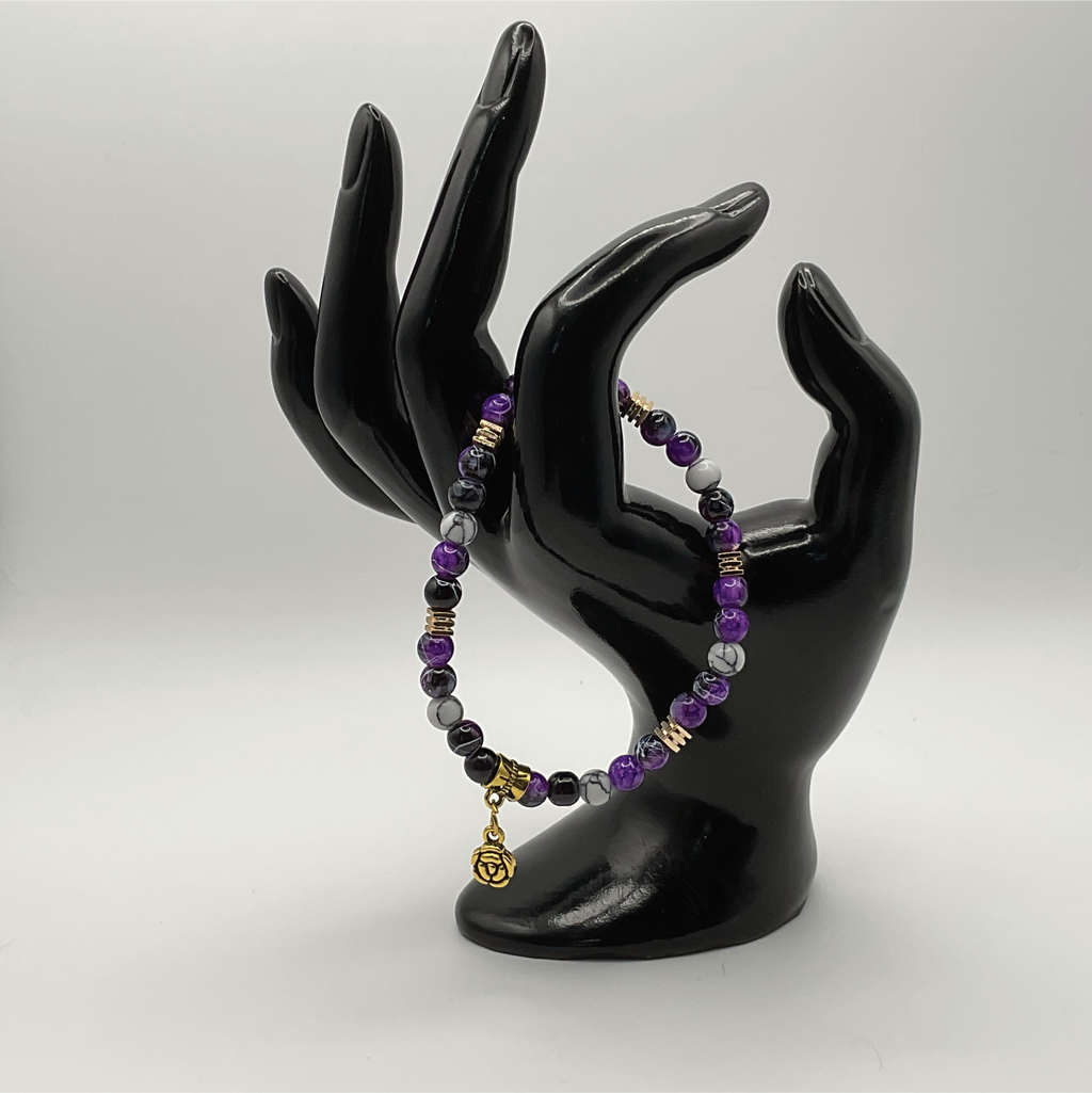 Purple Dragon Agate Magnesite Blossom Charm Bracelet with Gold Tone Spacers