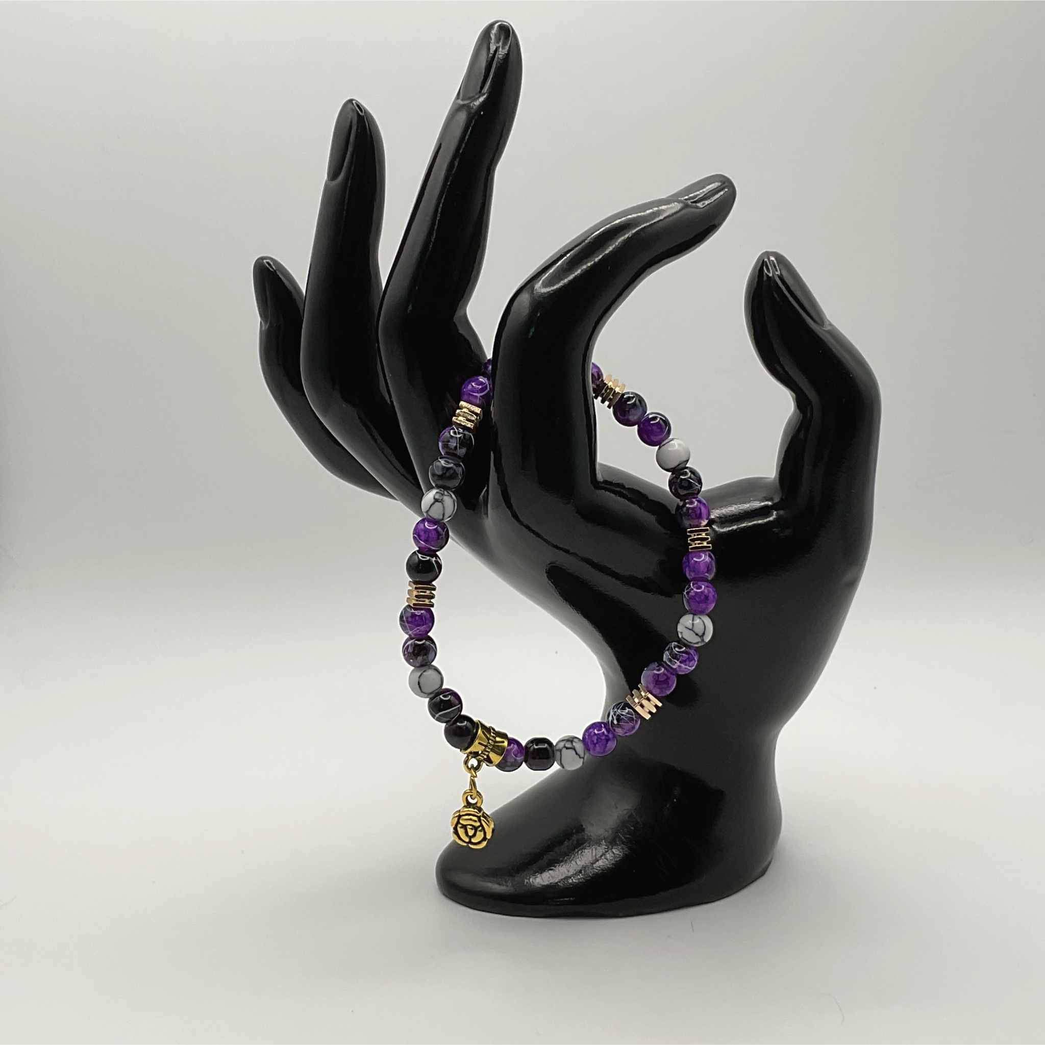 Purple Dragon Agate Magnesite Blossom Charm Bracelet with Gold Tone Spacers