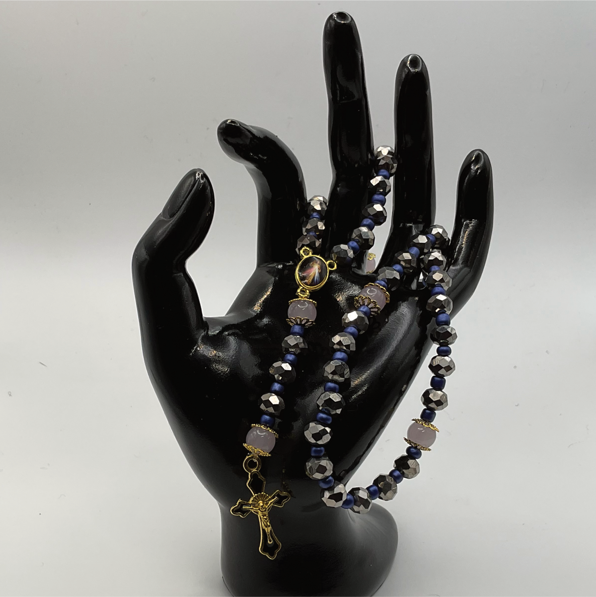 Grey Faceted Blue Spacers Full 5 Decade Gold Rosary
