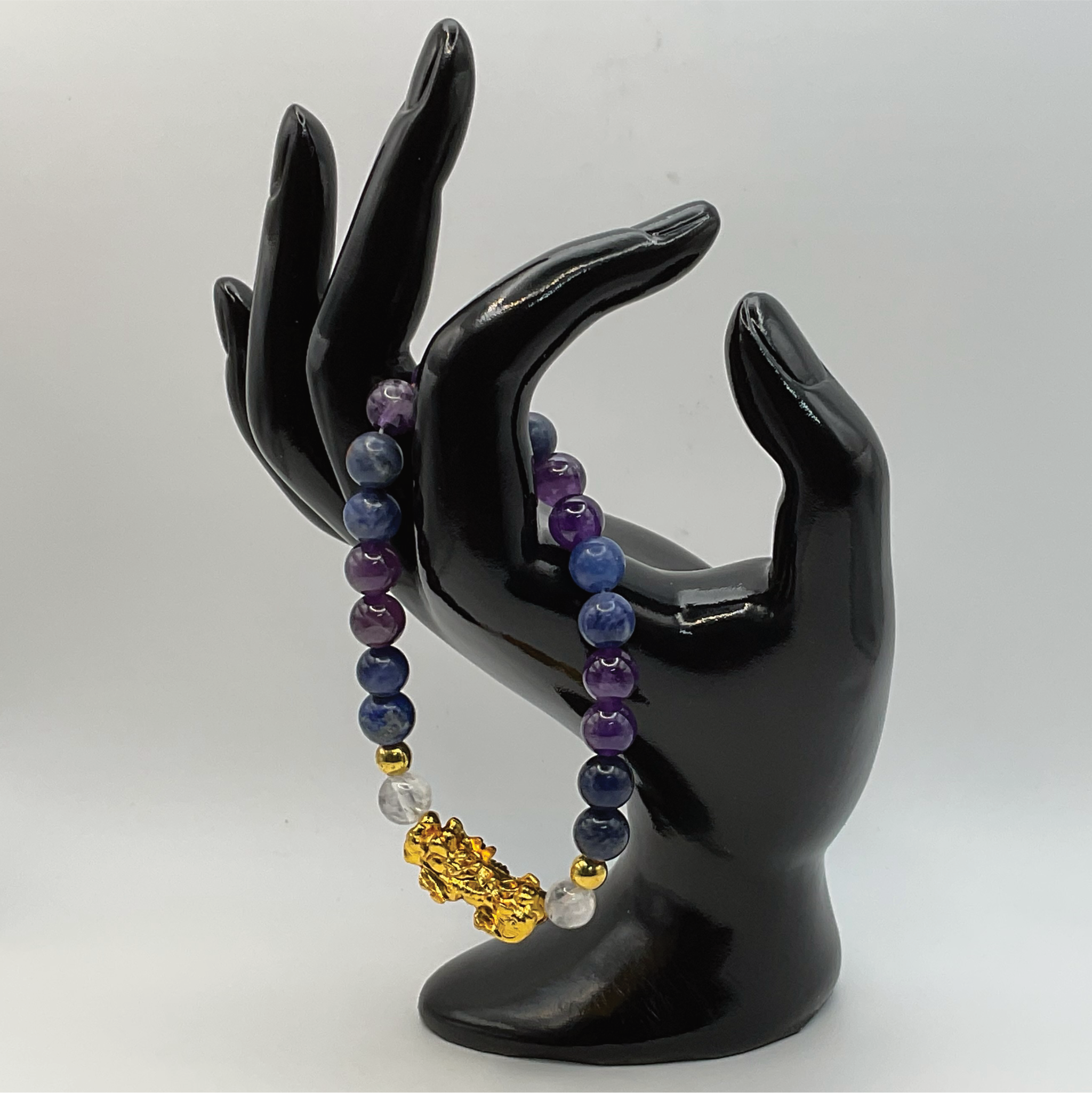 Pulsera de Cuarzo Transparente Pixiu Dragon con Piedra Azul Canadiense y Separadores Dorados