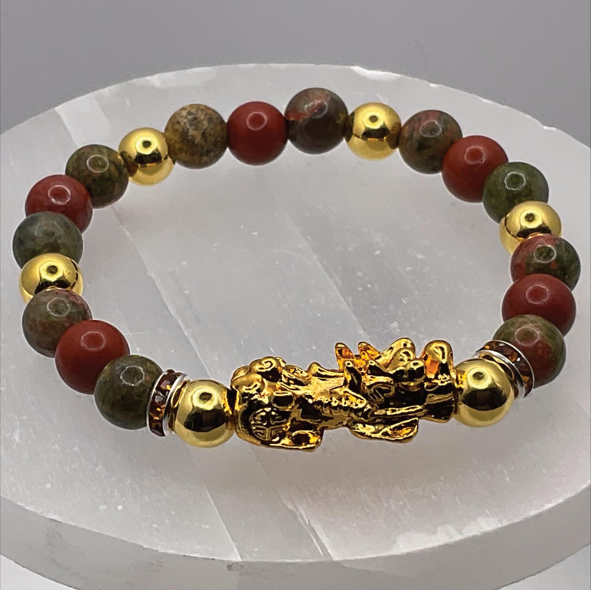 Handcrafted Unique Bracelet - 7" Unakite Jasper Pixiu Dragon Charm __etsy:7964845084