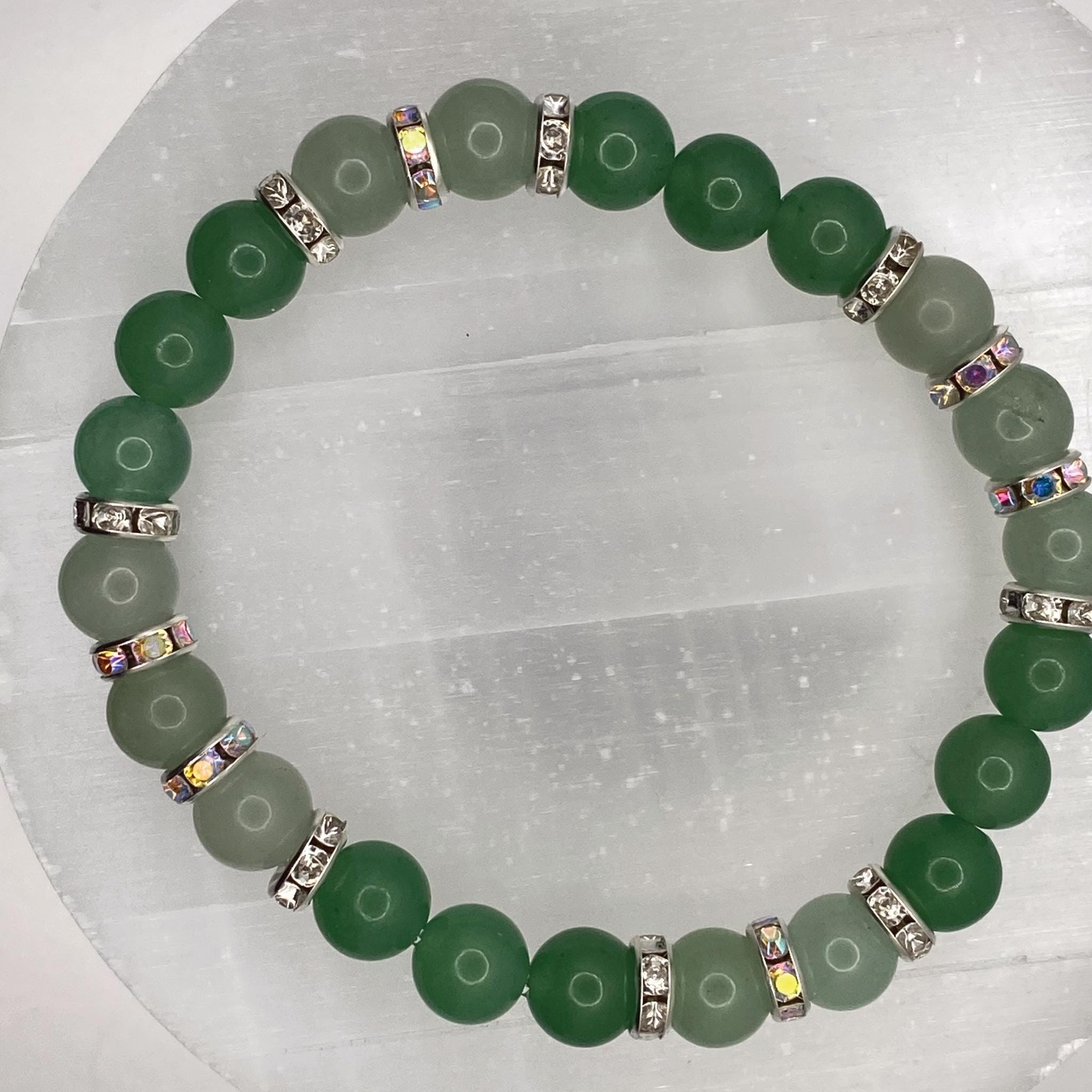 Handcrafted Unique Bracelet - 7" Green Chalcedony with Silver Tone Crystal Spacers __etsy:7964868526