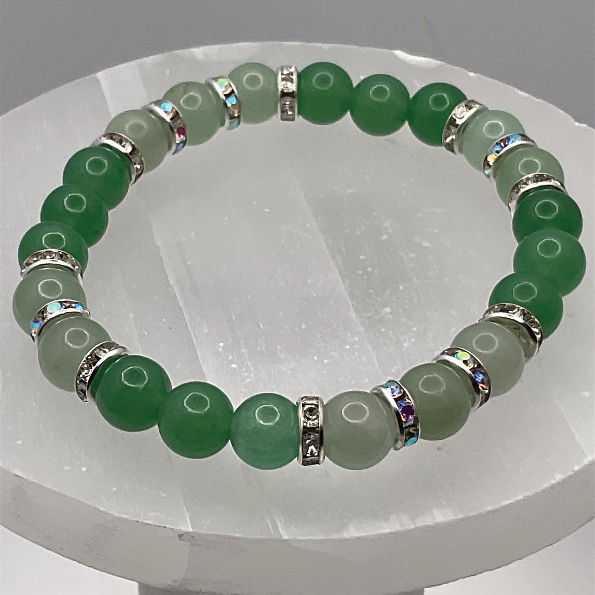 Handcrafted Unique Bracelet - 7" Green Chalcedony with Silver Tone Crystal Spacers __etsy:8012824449