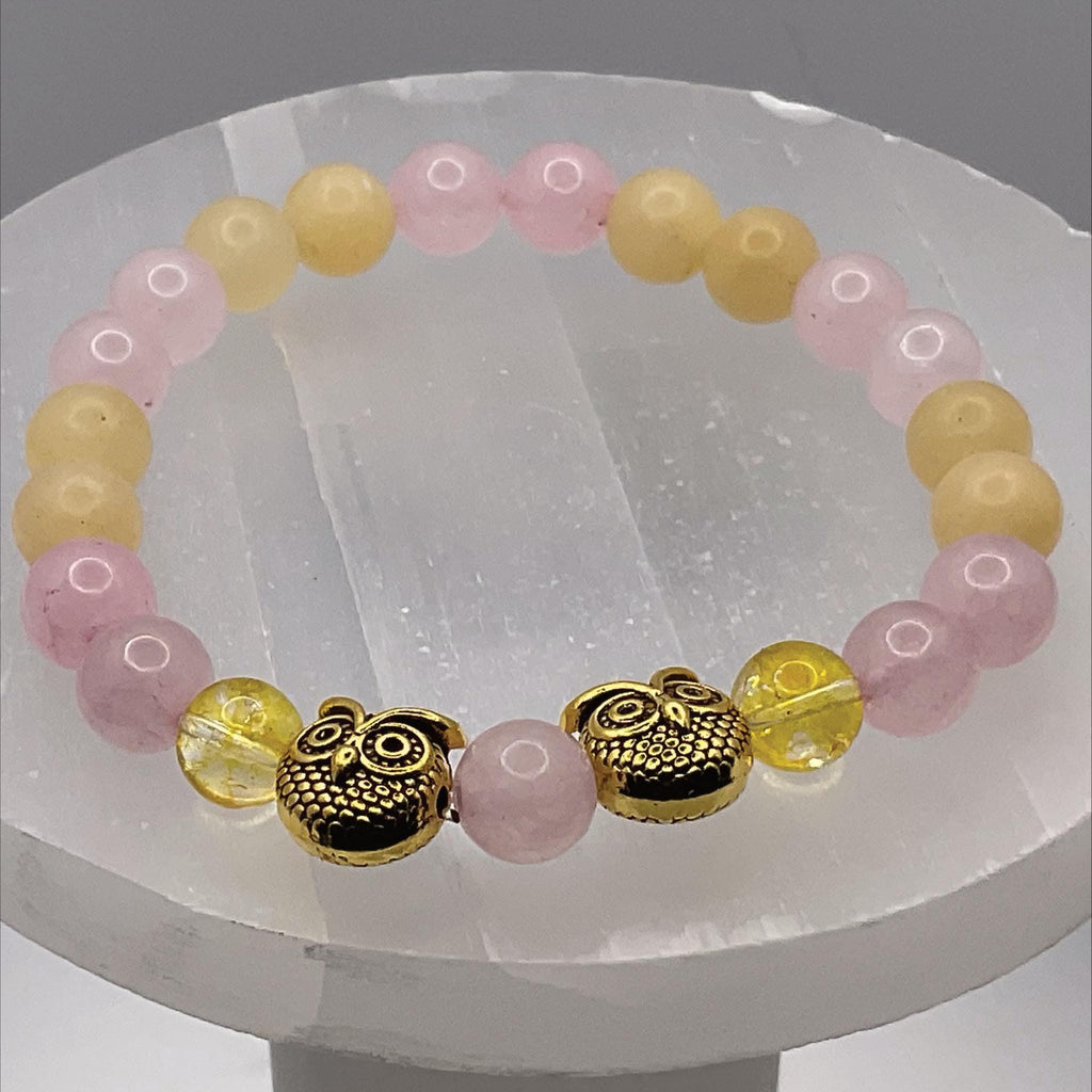 Handcrafted Unique Bracelet - 7" Yellow Agate Rose Quartz Owl Charm __etsy:8012839323