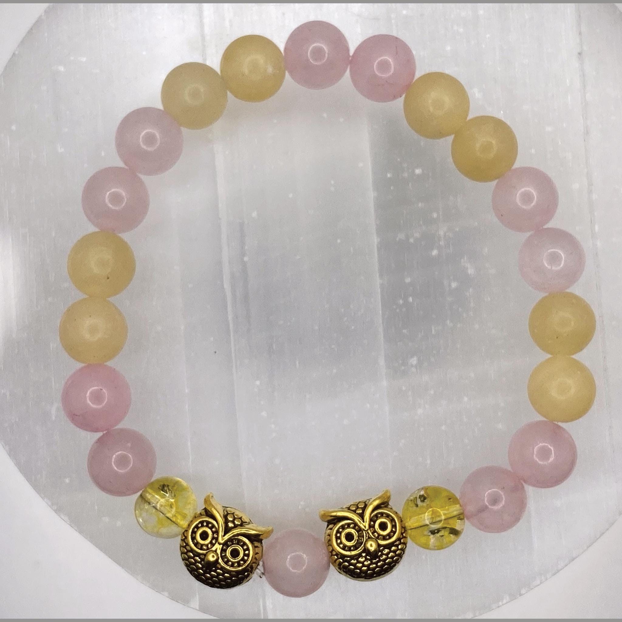 Handcrafted Unique Bracelet - 7" Yellow Agate Rose Quartz Owl Charm __etsy:8012839325