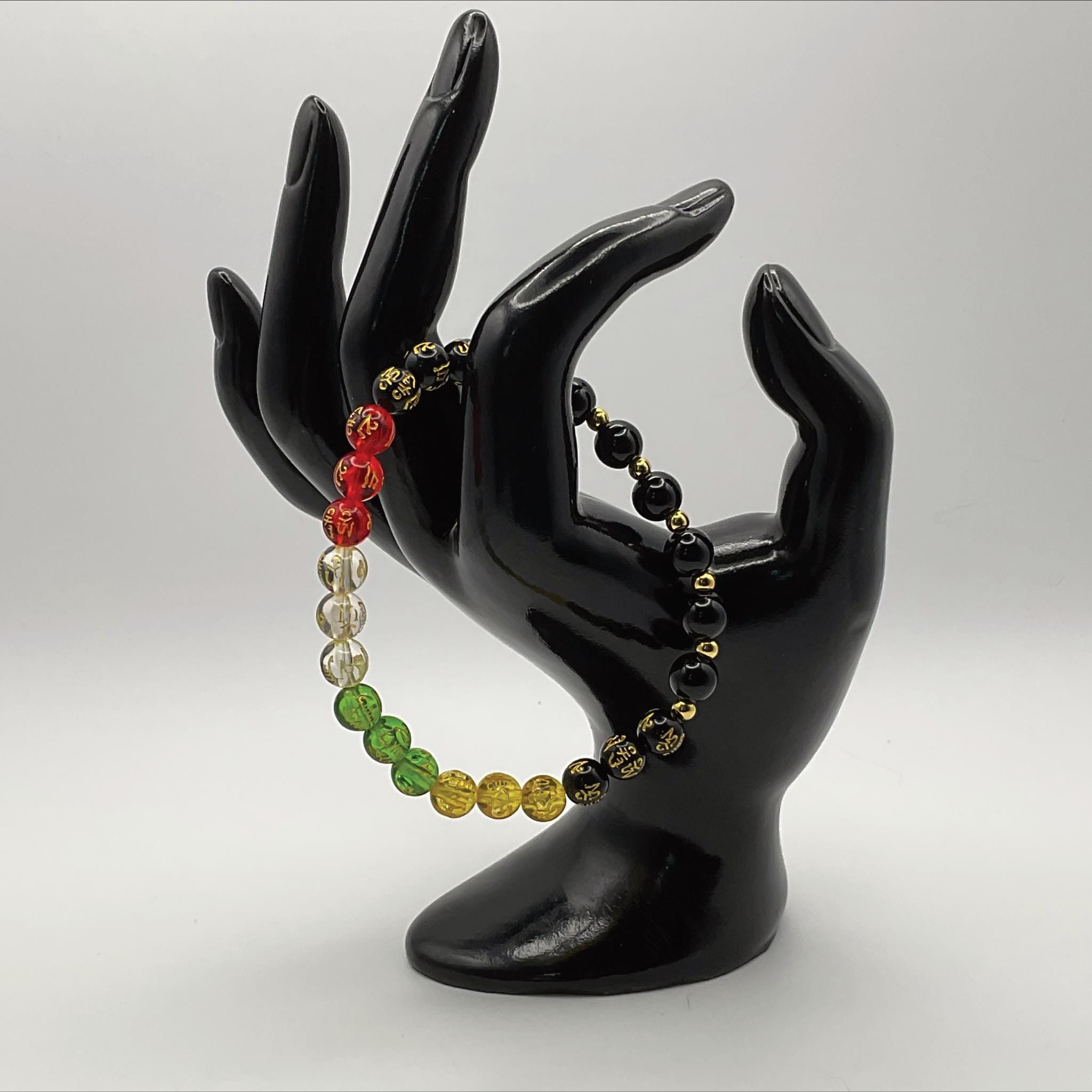 Handcrafted Unique Bracelet - 7" Onyx Multicolor Chakra Pixiu with Gold Tone Spacers __etsy:8054355144