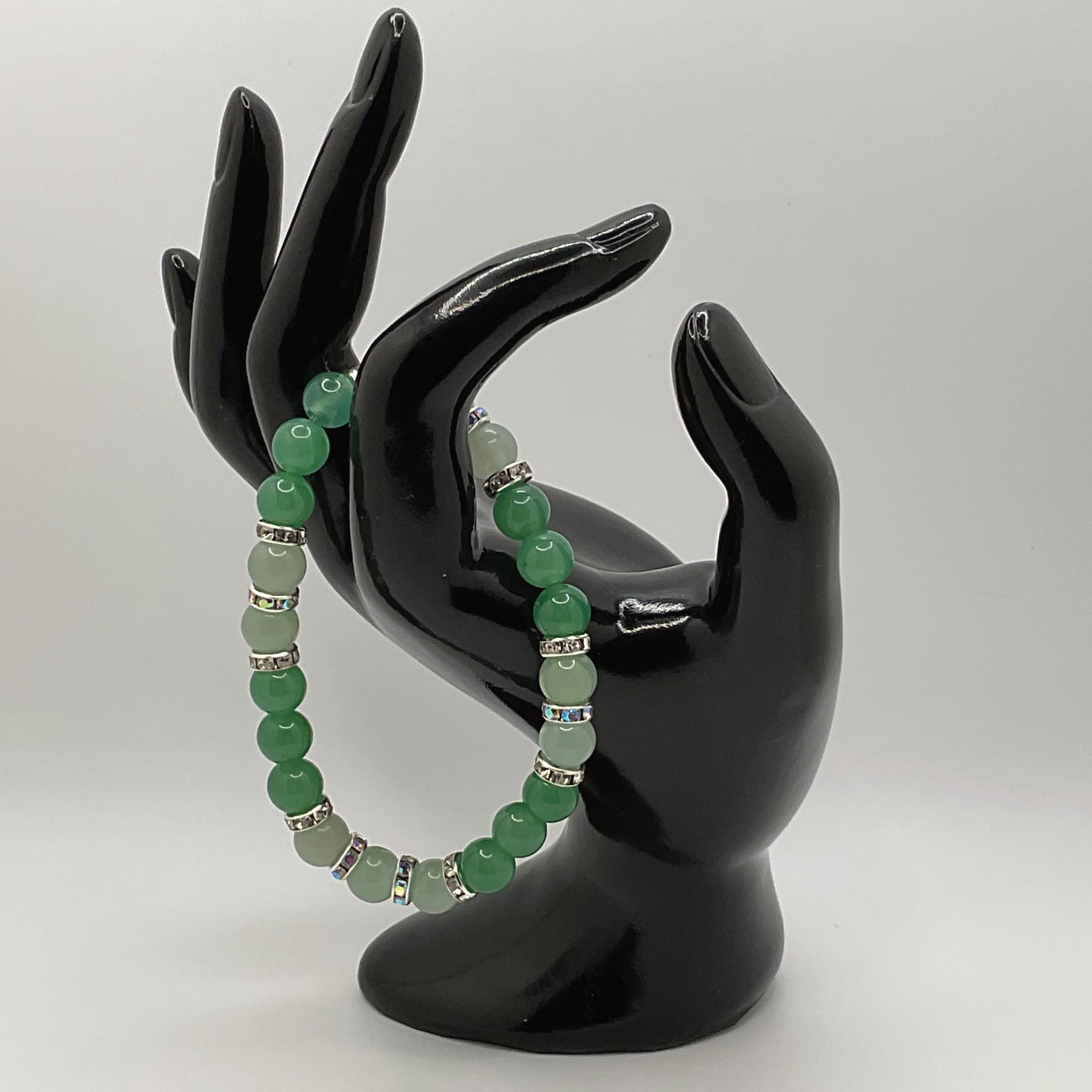 Handcrafted Unique Bracelet - 7" Green Chalcedony with Silver Tone Crystal Spacers __etsy:8083362224