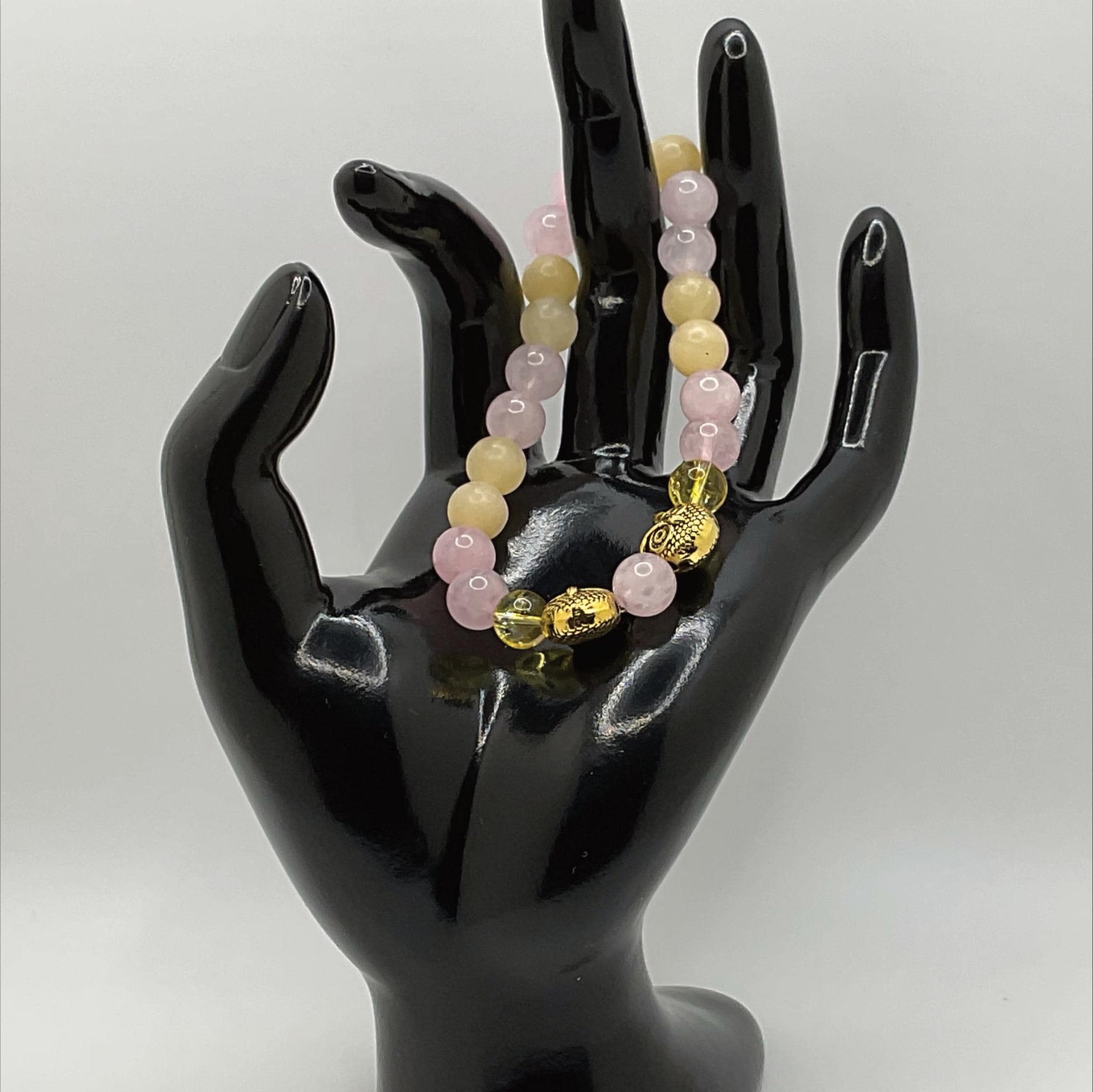 Handcrafted Unique Bracelet - 7" Yellow Agate Rose Quartz Owl Charm __etsy:8083368420