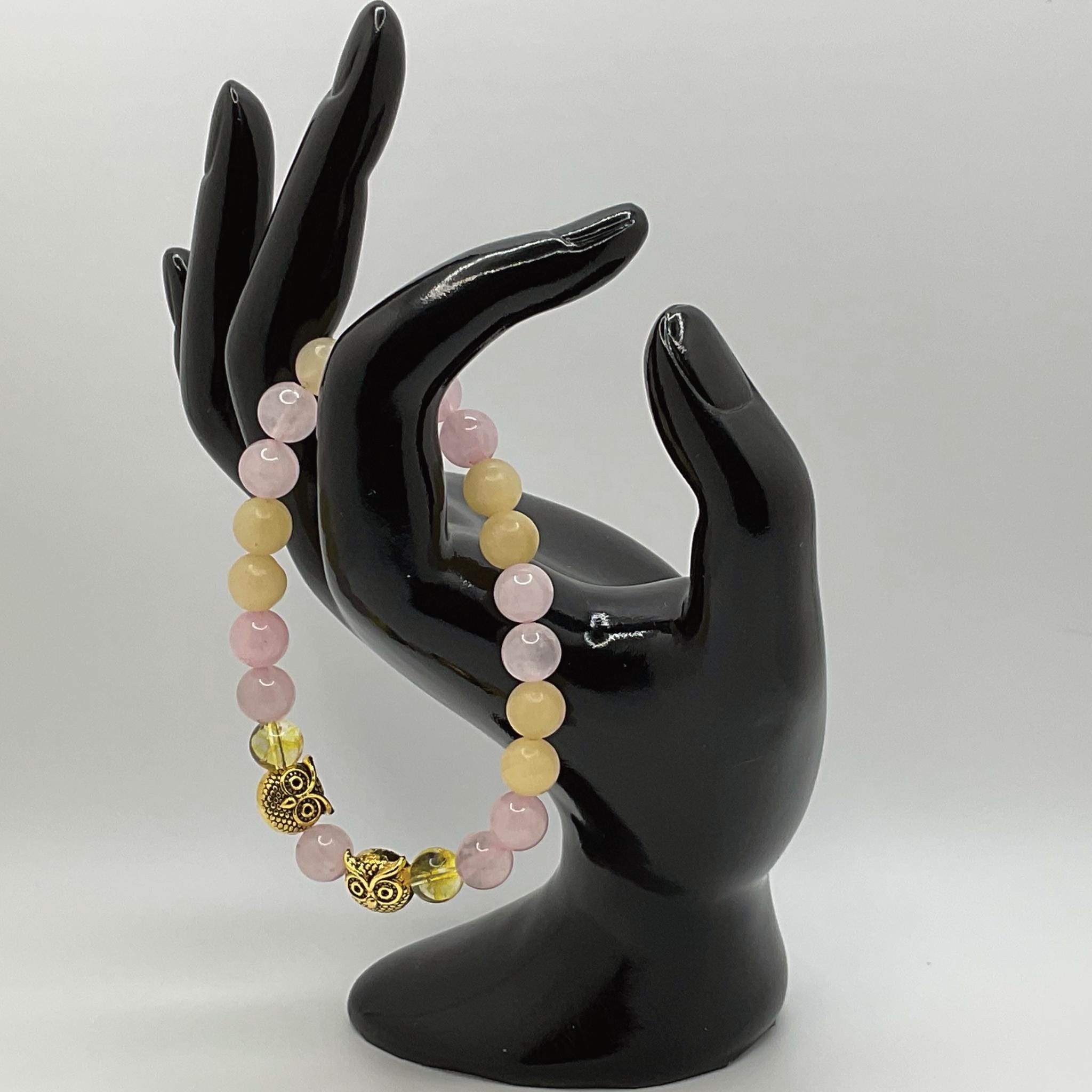 Handcrafted Unique Bracelet - 7" Yellow Agate Rose Quartz Owl Charm __etsy:8083368426