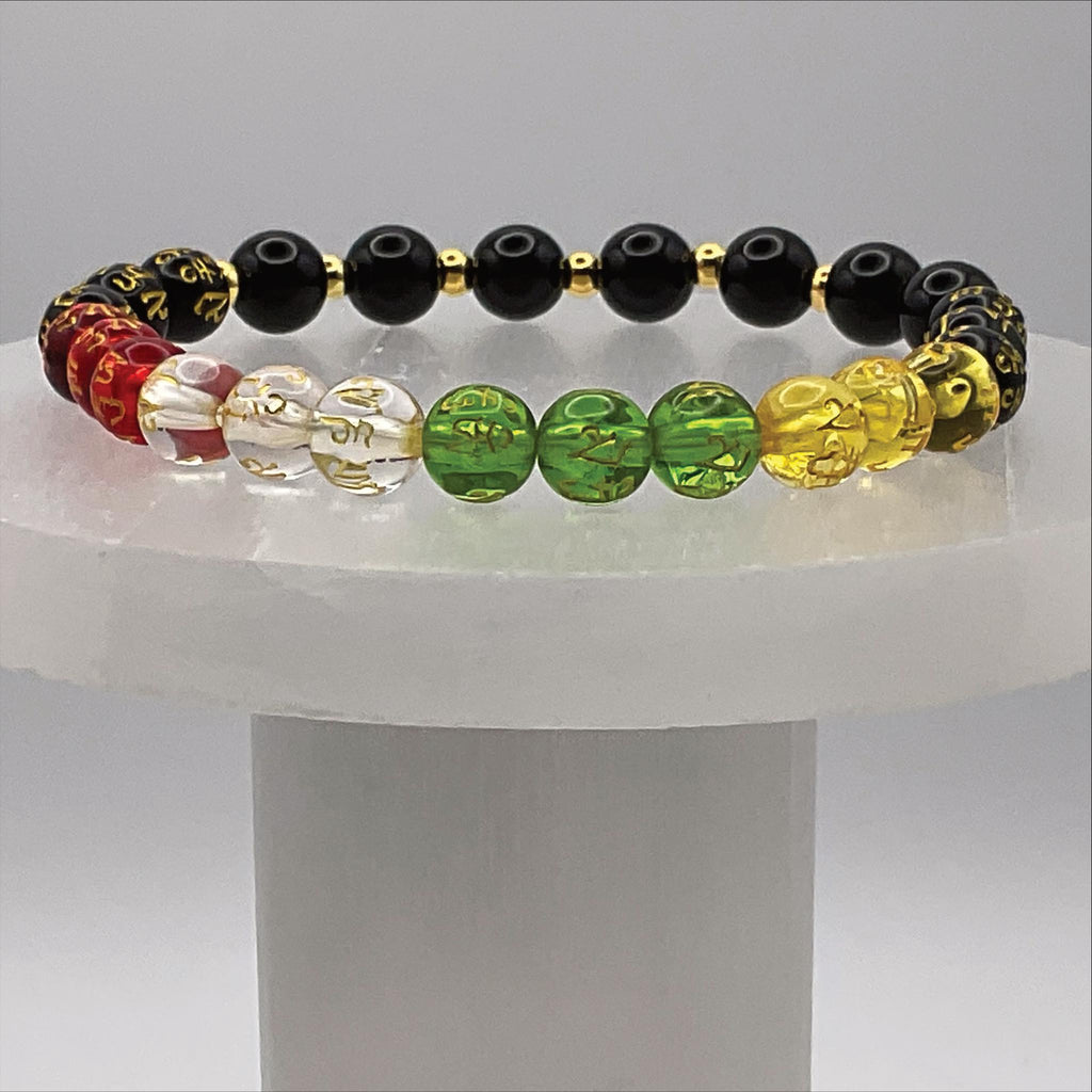 Handcrafted Unique Bracelet - 7" Onyx Multicolor Chakra Pixiu with Gold Tone Spacers __etsy:8102267389