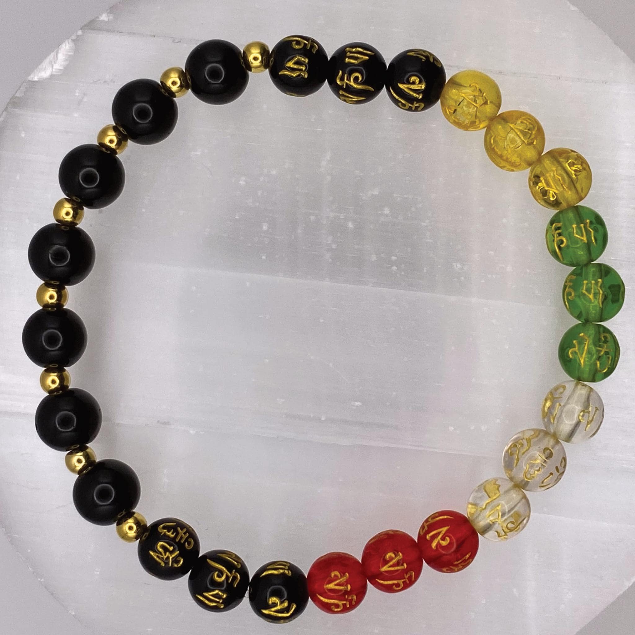 Handcrafted Unique Bracelet - 7" Onyx Multicolor Chakra Pixiu with Gold Tone Spacers __etsy:8102267393