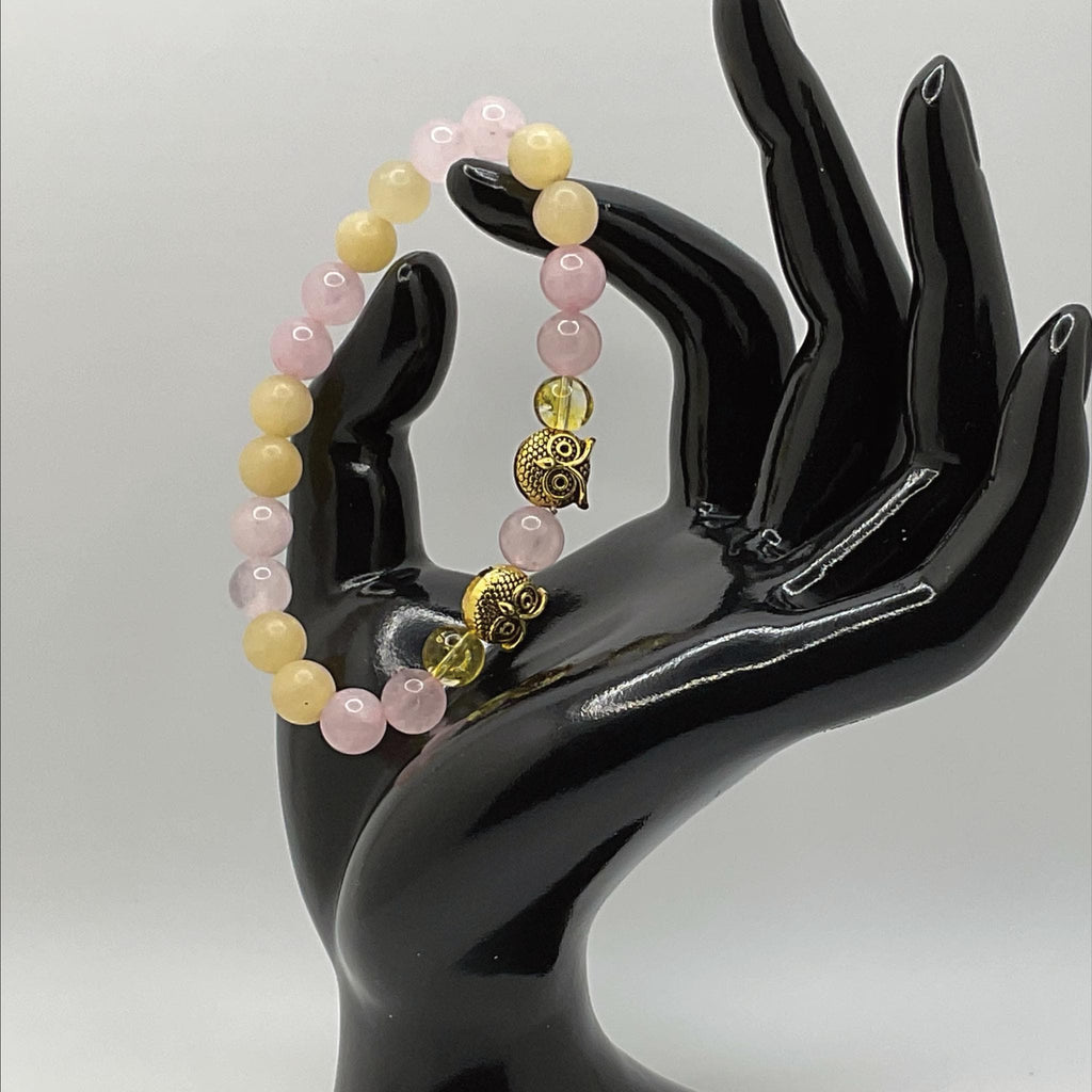 Handcrafted Unique Bracelet - 7" Yellow Agate Rose Quartz Owl Charm __etsy:8131282073