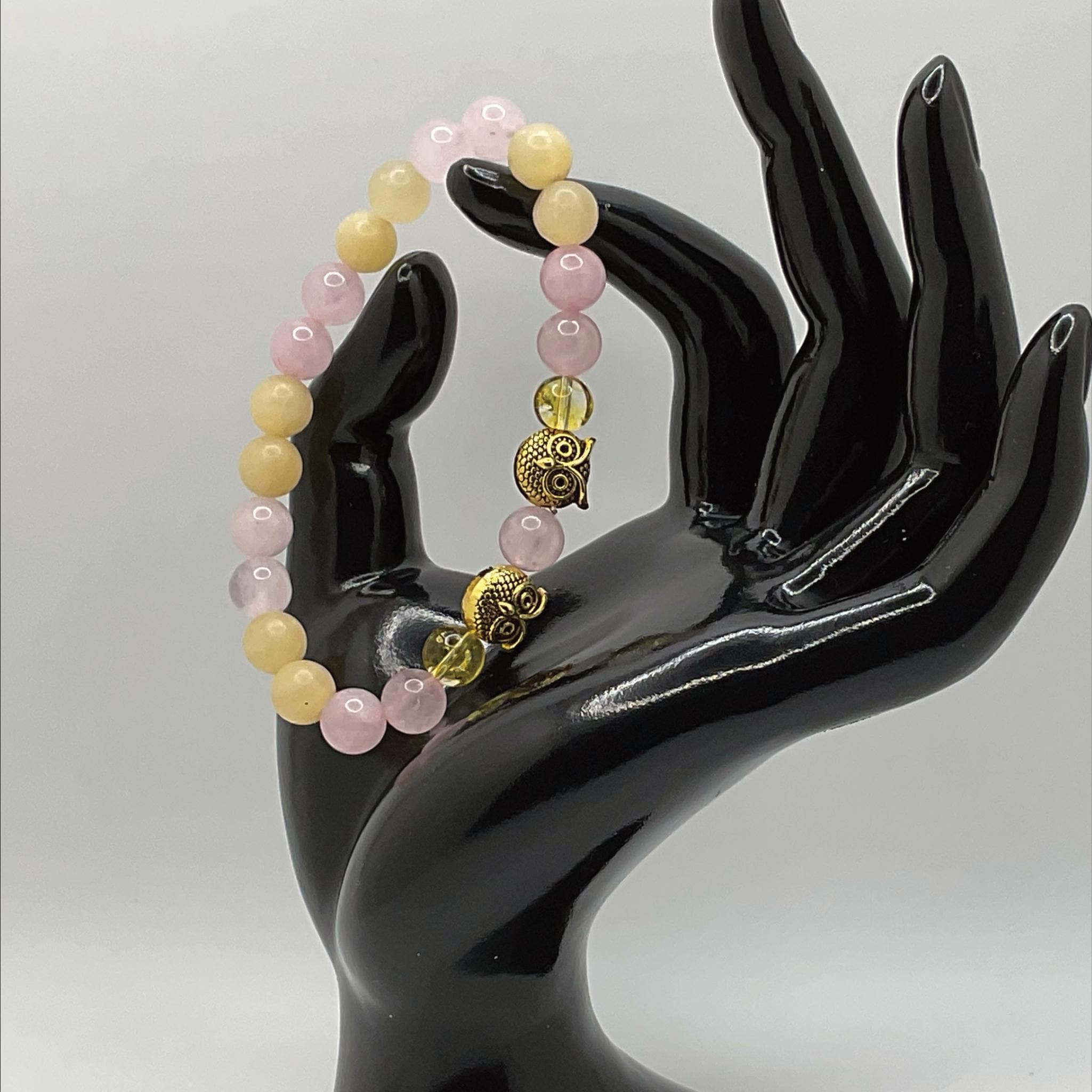 Handcrafted Unique Bracelet - 7" Yellow Agate Rose Quartz Owl Charm __etsy:8131282073