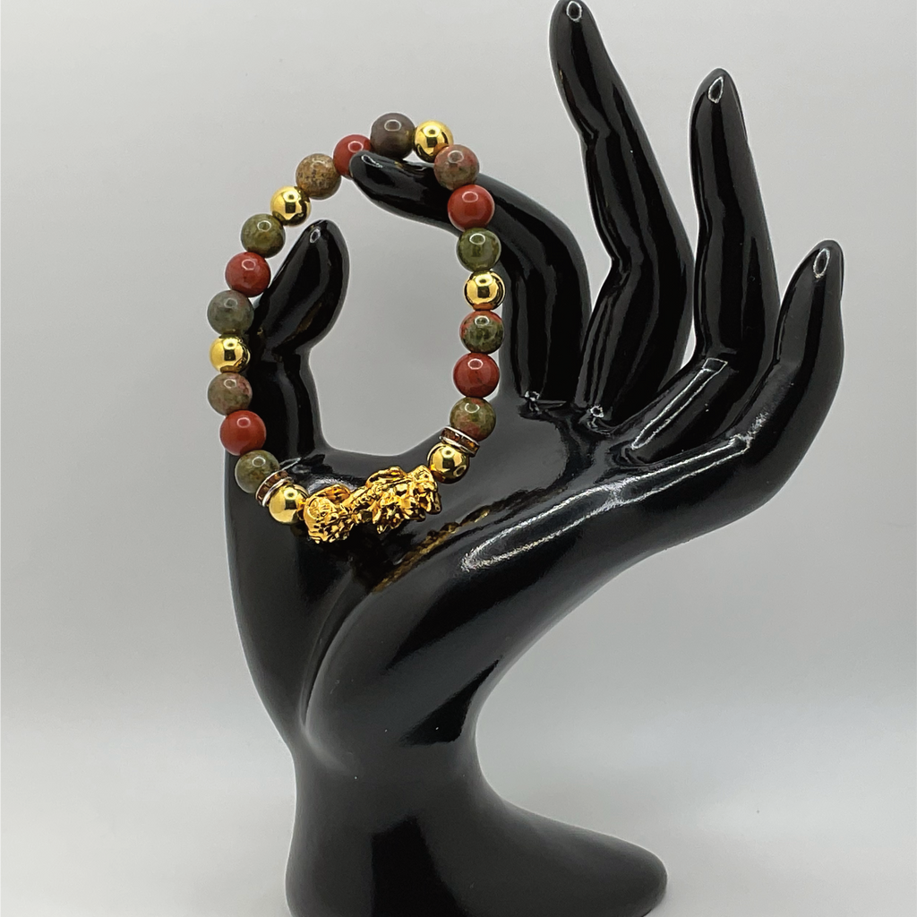 Unakite Jasper Pixiu Bracelet | Prosperity & Transformation | Gold Dragon Charm Crystal Jewelry