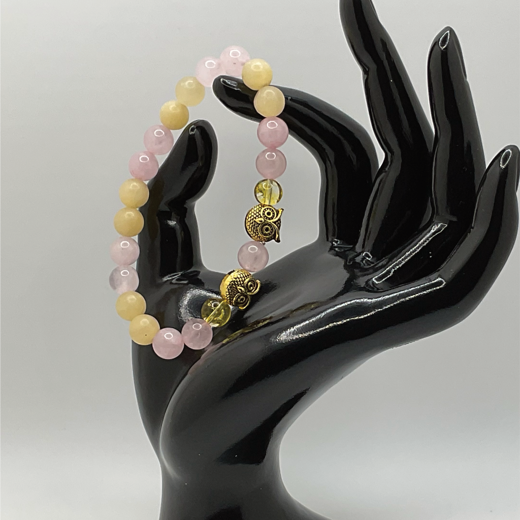Yellow Agate Rose Quartz Bracelet | Wisdom & Love | Gold Owl Charm Crystal Gemstone Jewelry