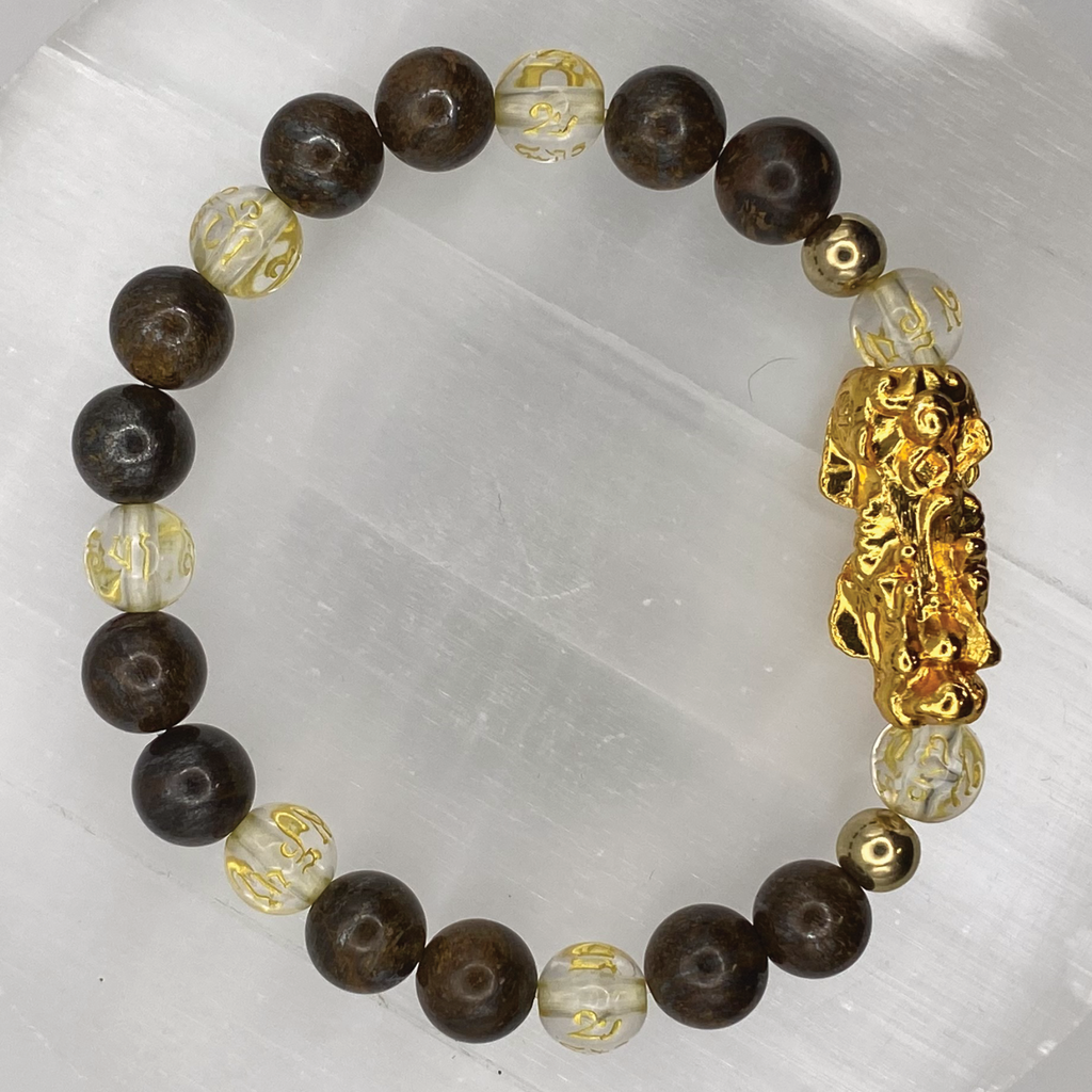 Brown Jasper Clear Quartz Pixiu Dragon Bracelet with Gold Tone Charm