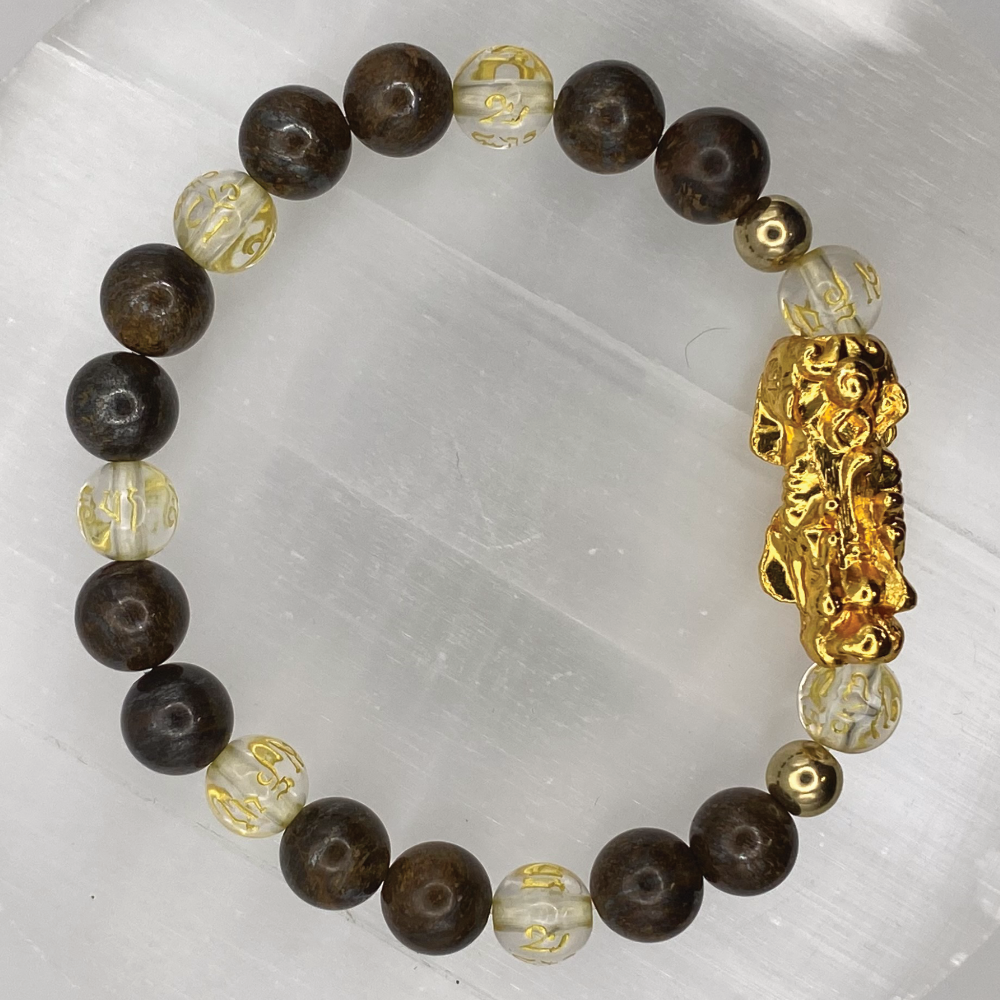 Brown Jasper Clear Quartz Pixiu Dragon Bracelet with Gold Tone Charm