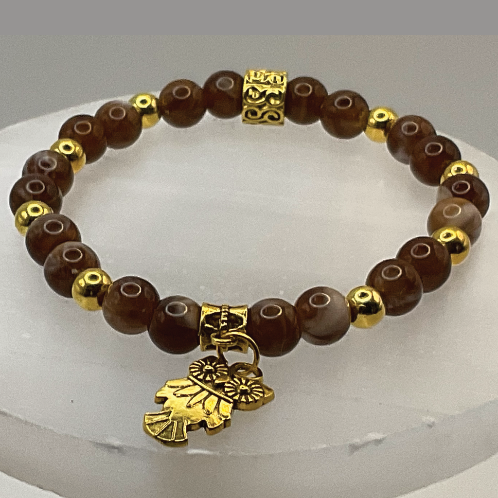 Chalcedony Owl Charm Bracelet with Gold Tone Spacers