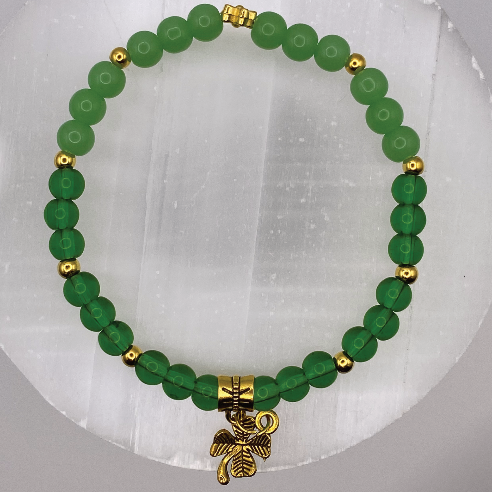 Green Chalcedony Green Sea Glass Clover Charm Bracelet with Gold Tone Spacers