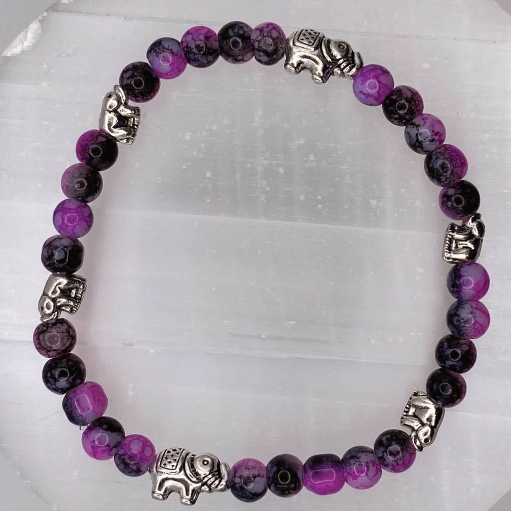 Purple Dragon Vein Agate Silver Elephants Charm Bracelet