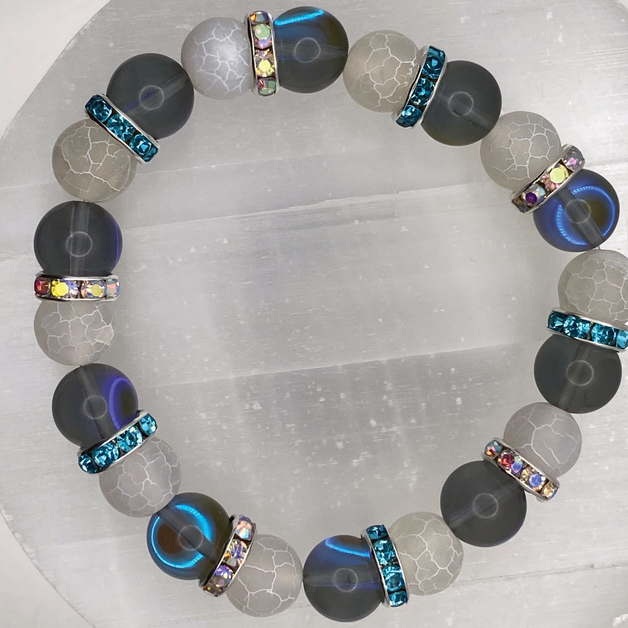 Blue Obsidian Opalite Bracelet with Silver Tone Crystal Spacers