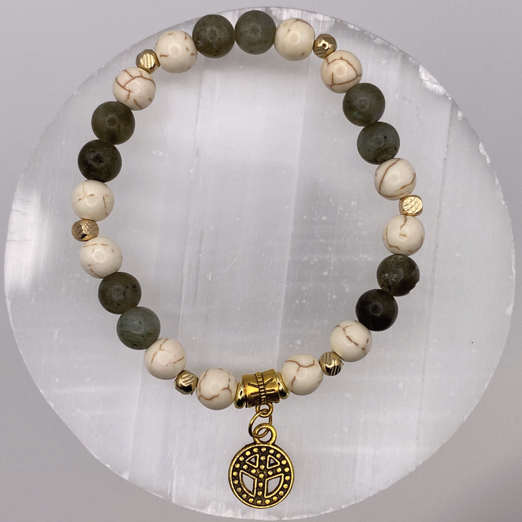 Labradorite Magnesite Peace Charm Bracelet with Gold Tone Spacers