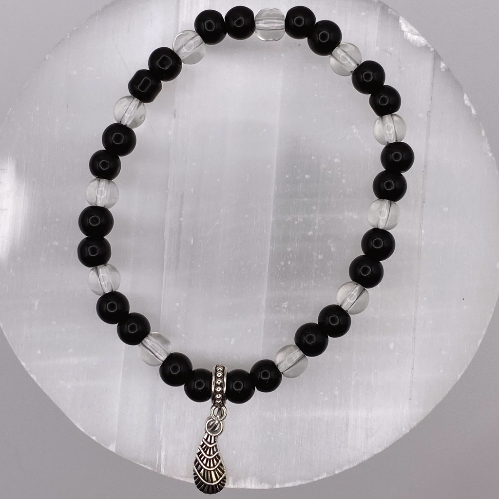 Black Agate Clear Quartz Feather Charm Bracelet