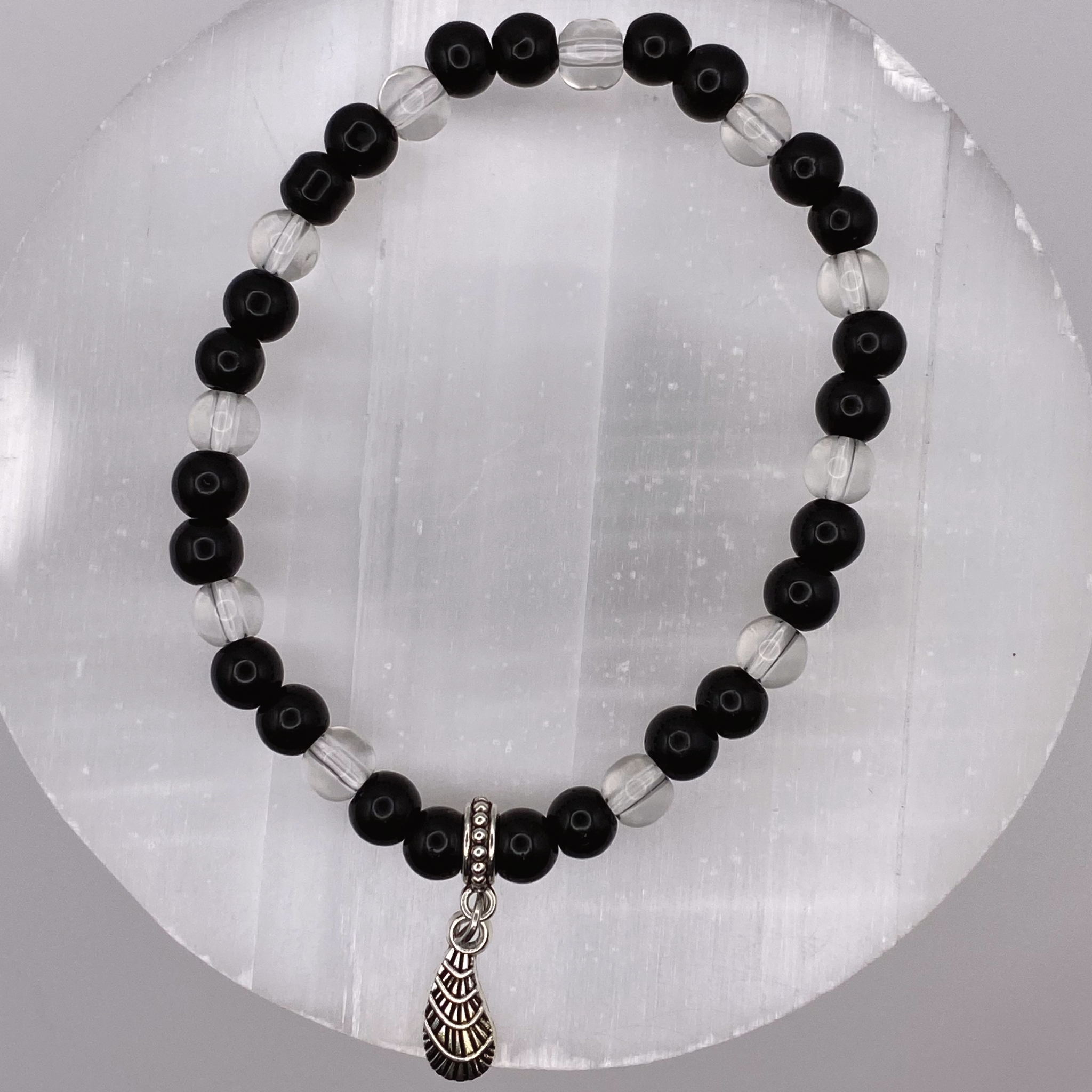 Black Agate Clear Quartz Feather Charm Bracelet