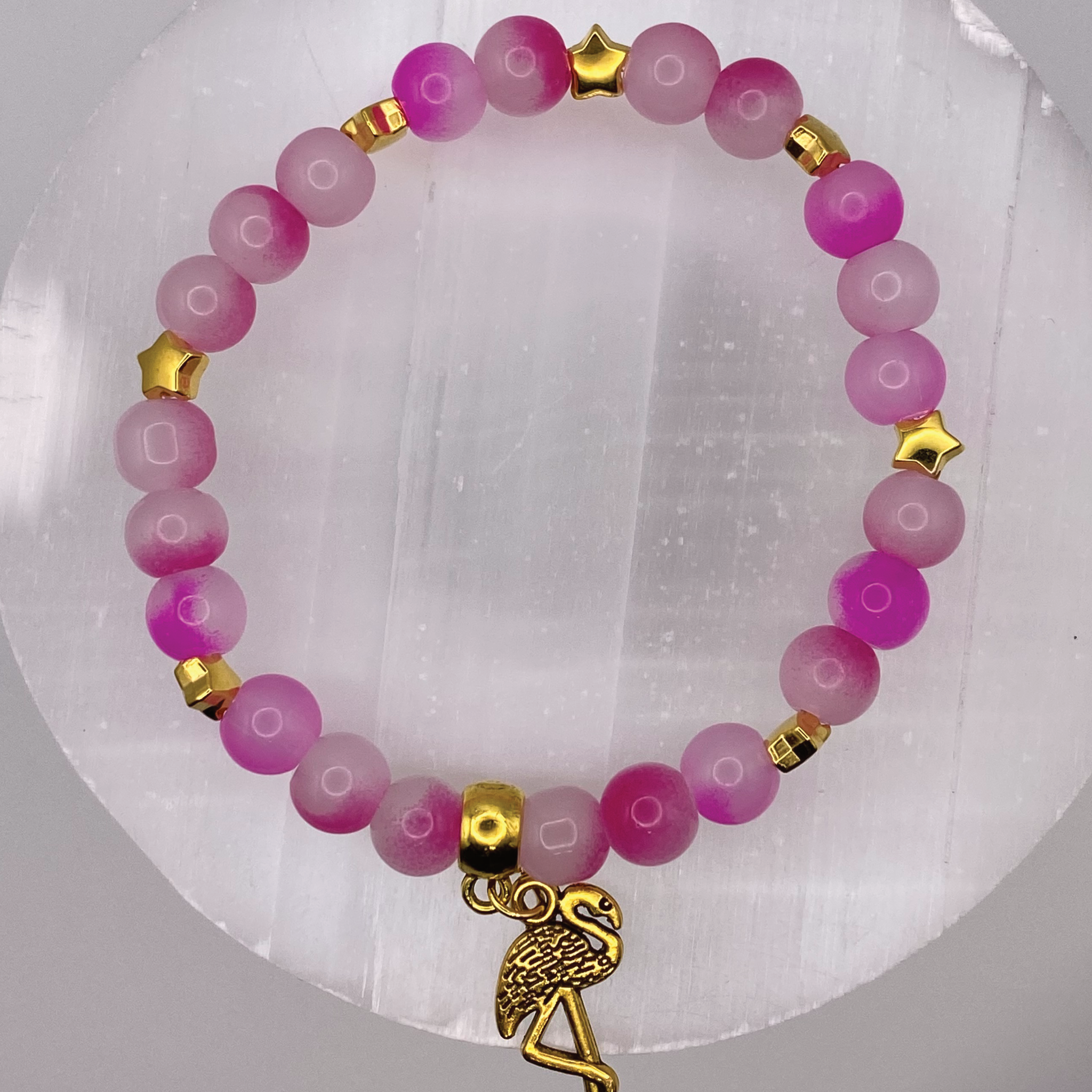 Pink Dragonvein Agate Flamingo Charm Bracelet with Gold Tone Spacers