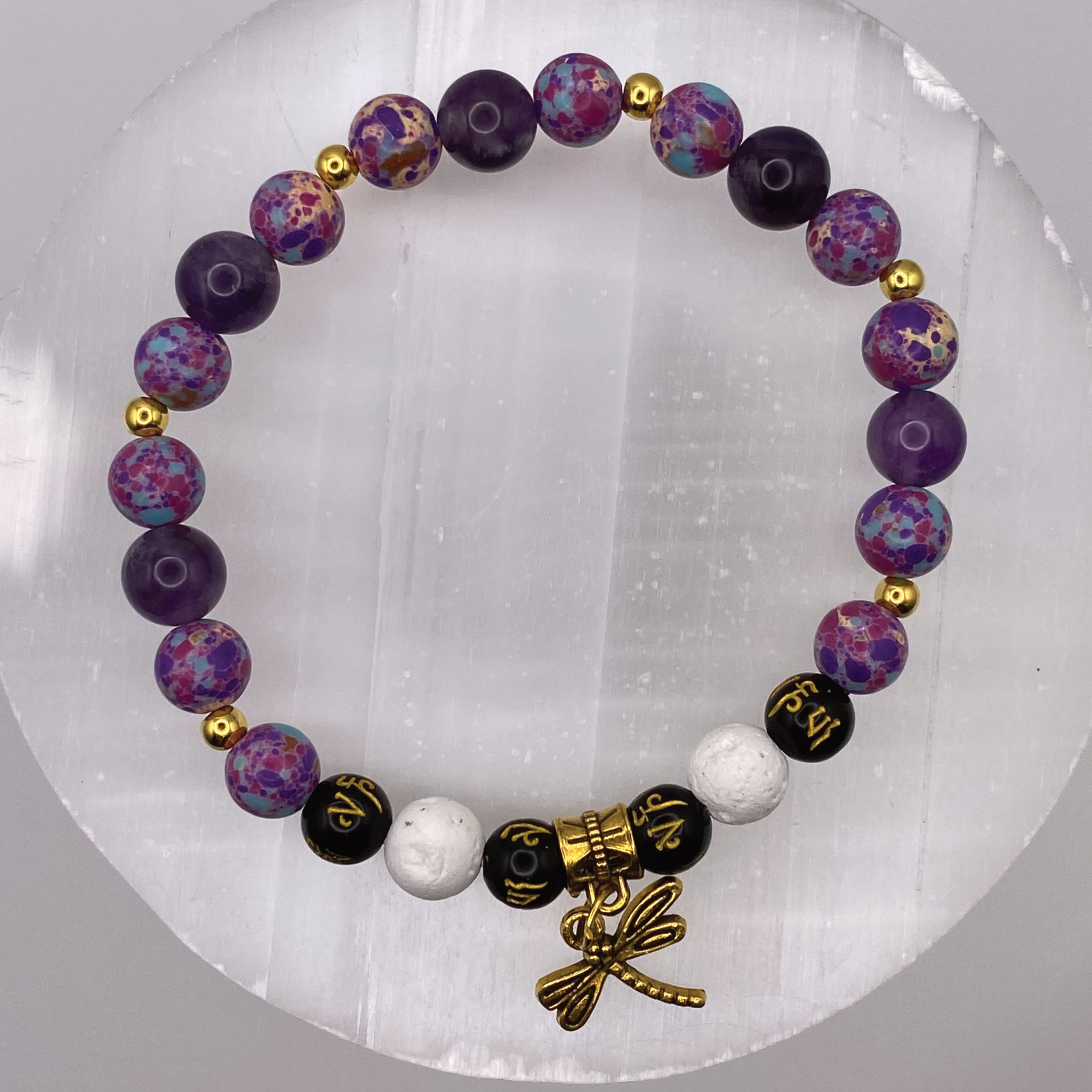 Amethyst Blue Purple Dragon Vein Agate Magnesite Pixiu Dragonfly Charm Bracelet