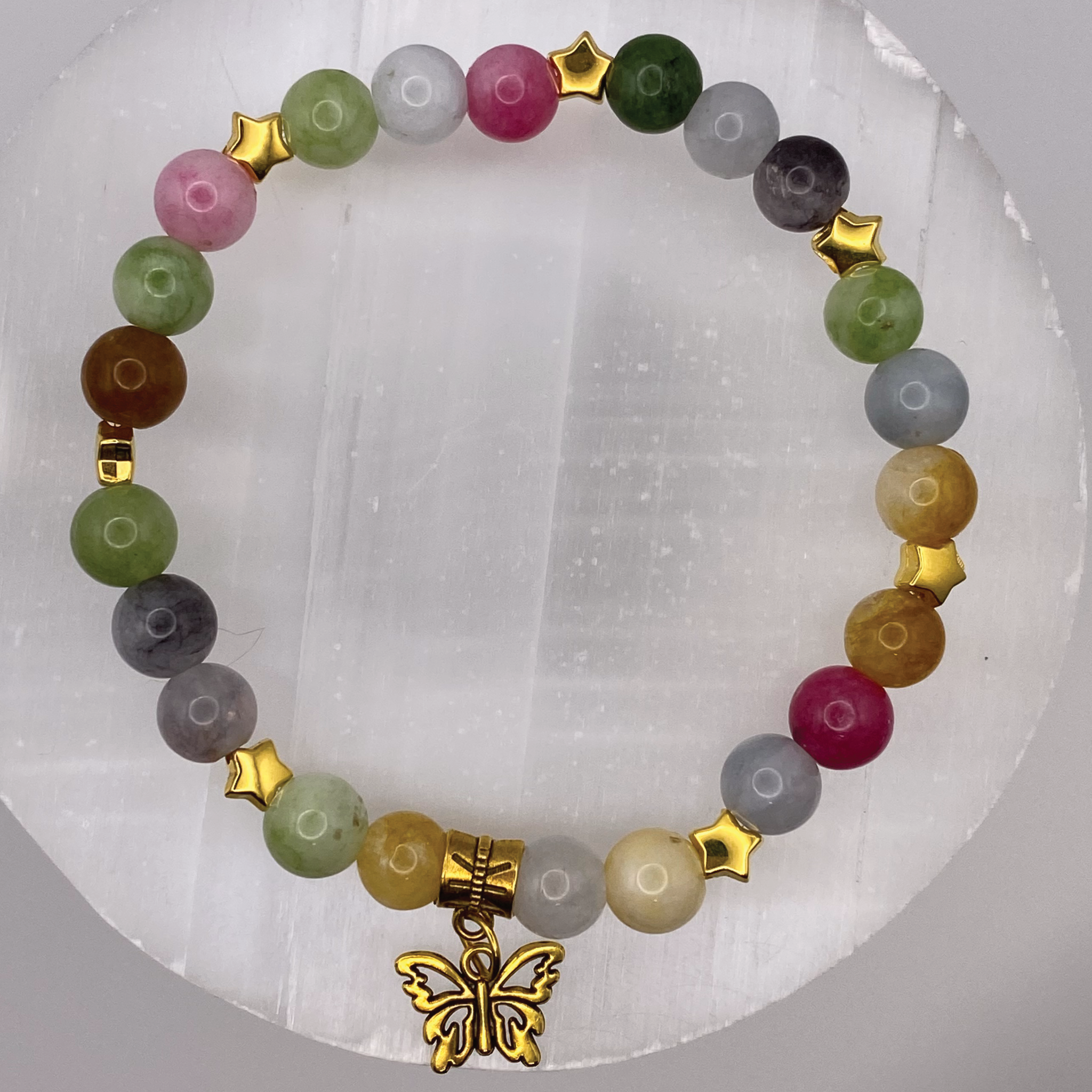 Multi-colored Tourmaline Butterfly Charm Bracelet w/ Gold Tone Spacers