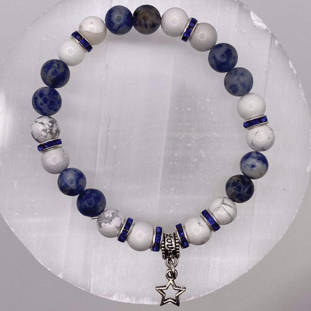 Magnesite Sodalite Star Charm Bracelet with Silver Tone Blue Crystal Spacers