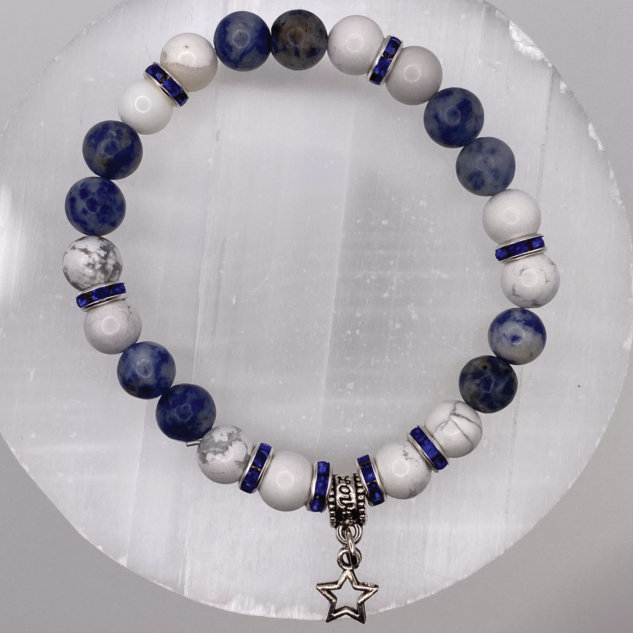 Magnesite Sodalite Star Charm Bracelet with Silver Tone Blue Crystal Spacers