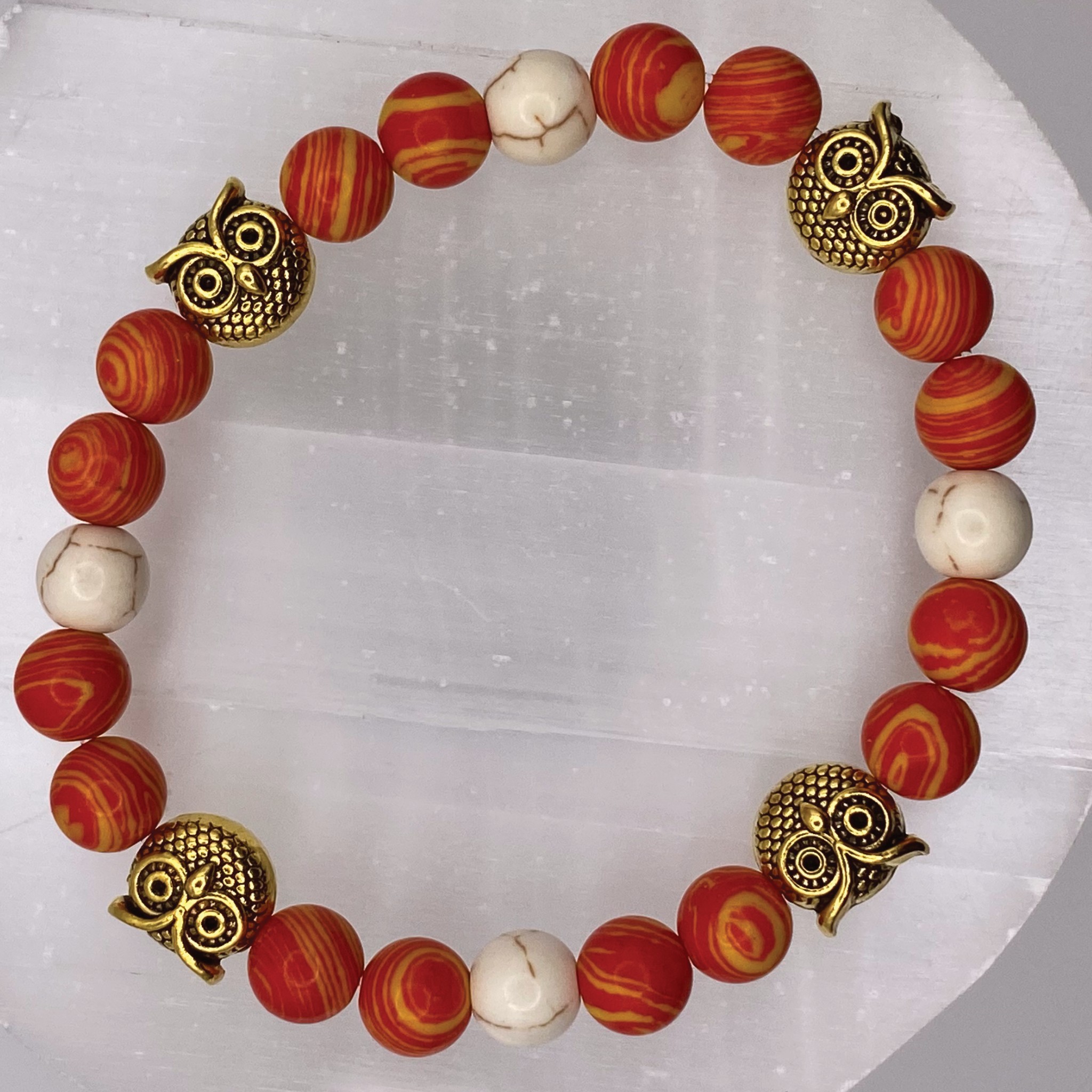 Orange-Yellow Sea Glass Magnesite Owls Charm Bracelet