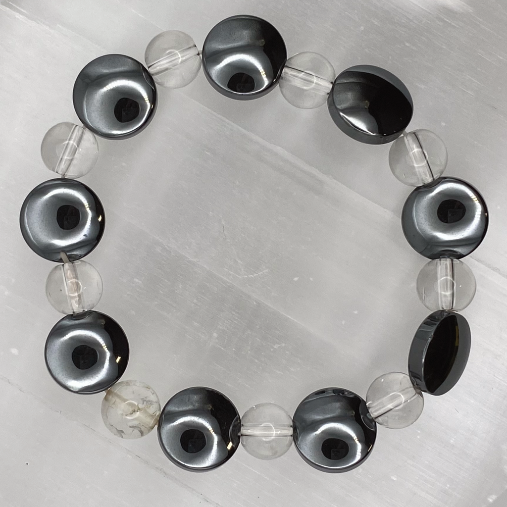 Onyx Disc Bead Clear Quartz Bracelet