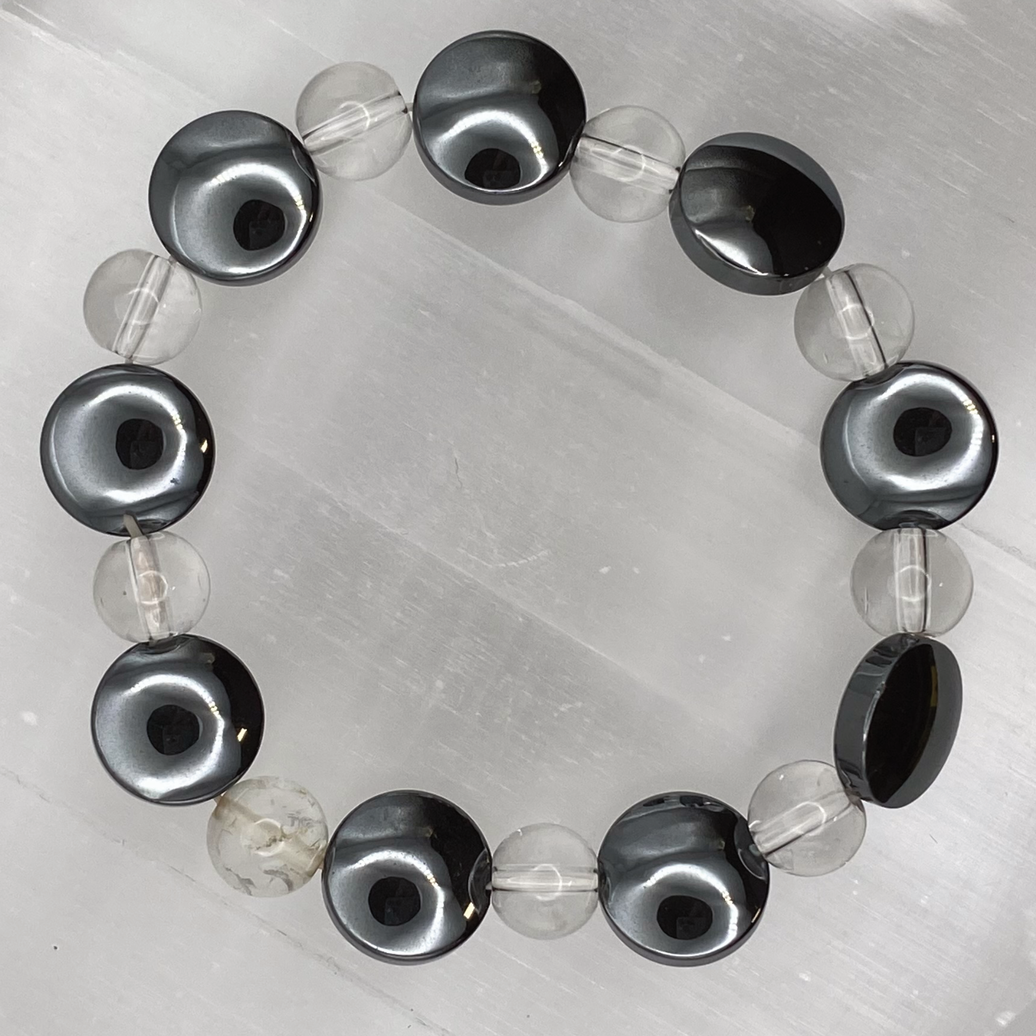 Onyx Disc Bead Clear Quartz Bracelet