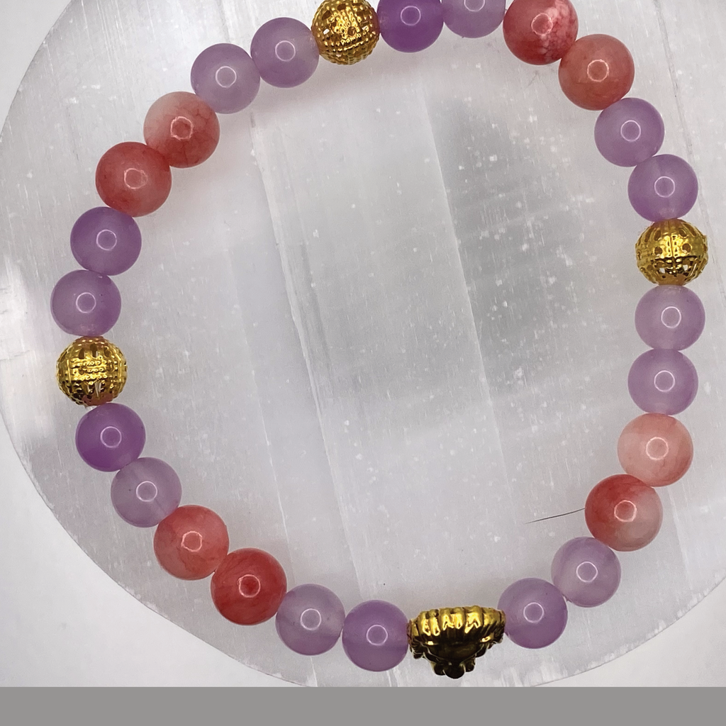 Carnelian Agate, Amethyst Lion Charm Bracelet with Gold Tone Spacers