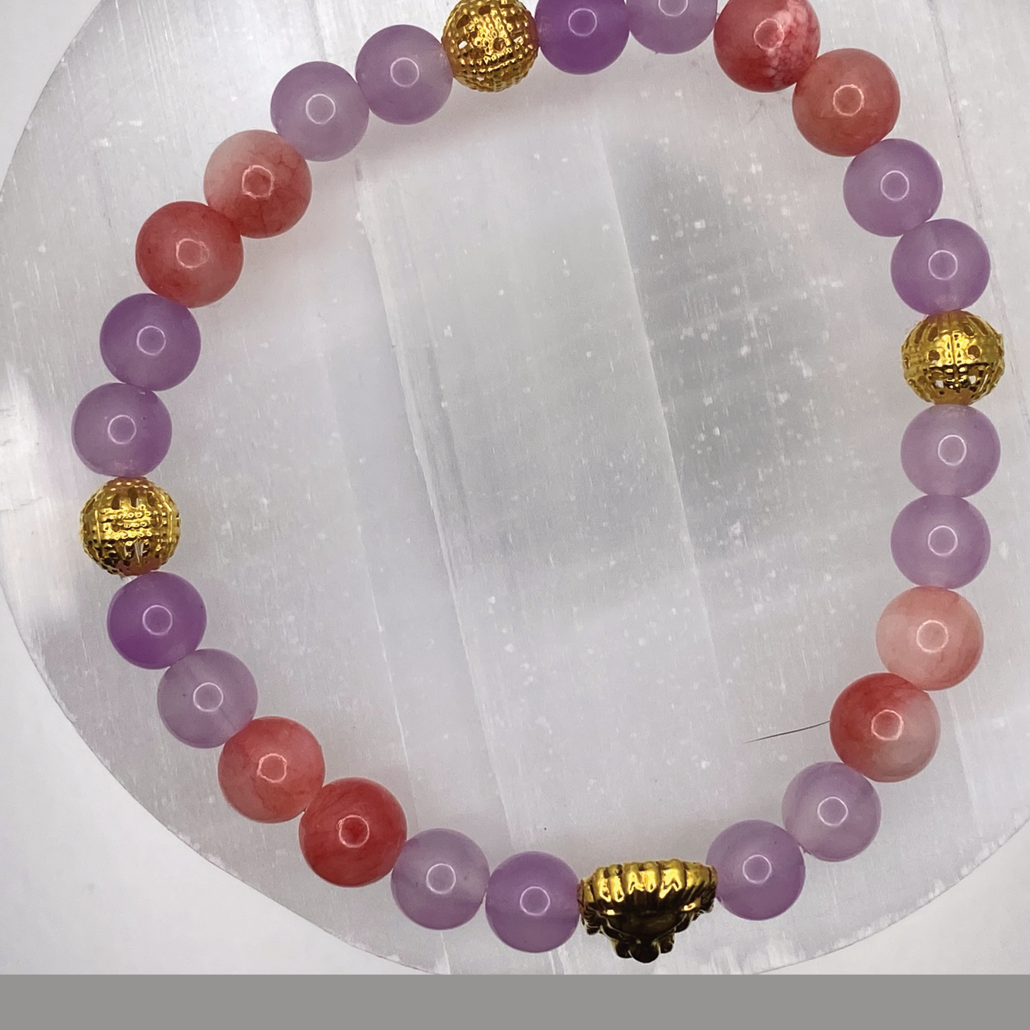 Carnelian Agate, Amethyst Lion Charm Bracelet with Gold Tone Spacers