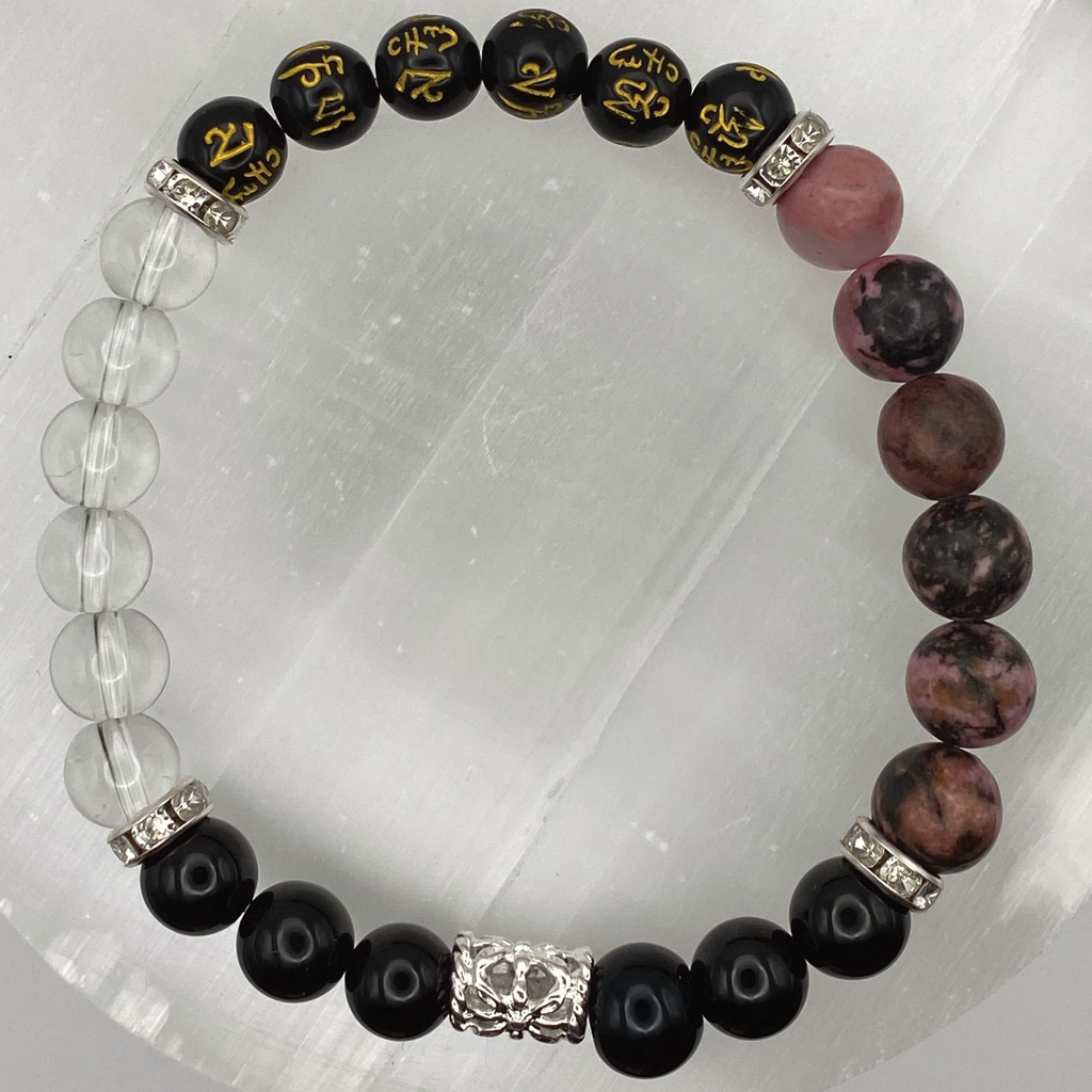 Pulsera de Cuarzo Transparente y Rodonita con Pixiu Negro y Espaciadores Tono Plata