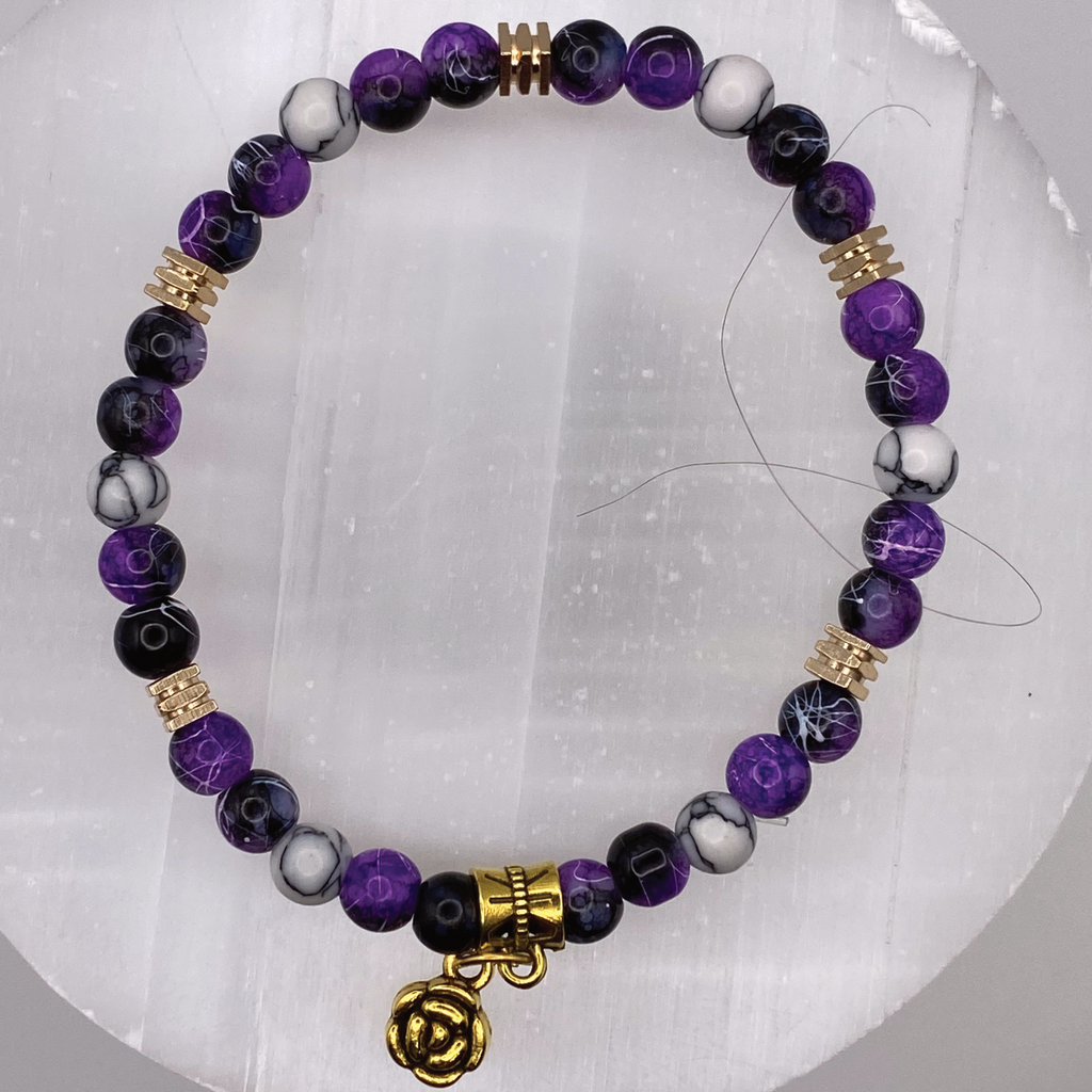Purple Dragon Agate Magnesite Blossom Charm Bracelet with Gold Tone Spacers