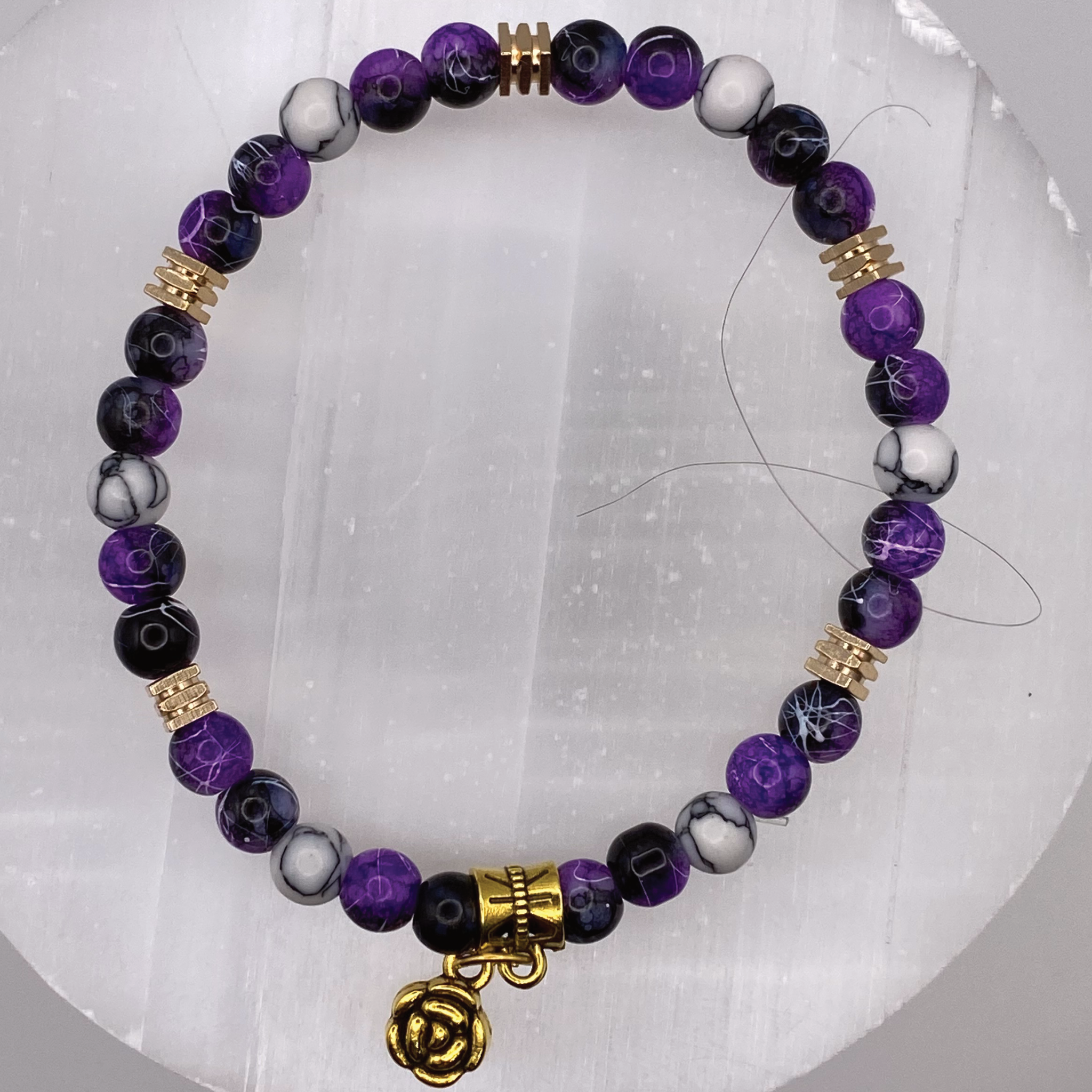 Purple Dragon Agate Magnesite Blossom Charm Bracelet with Gold Tone Spacers