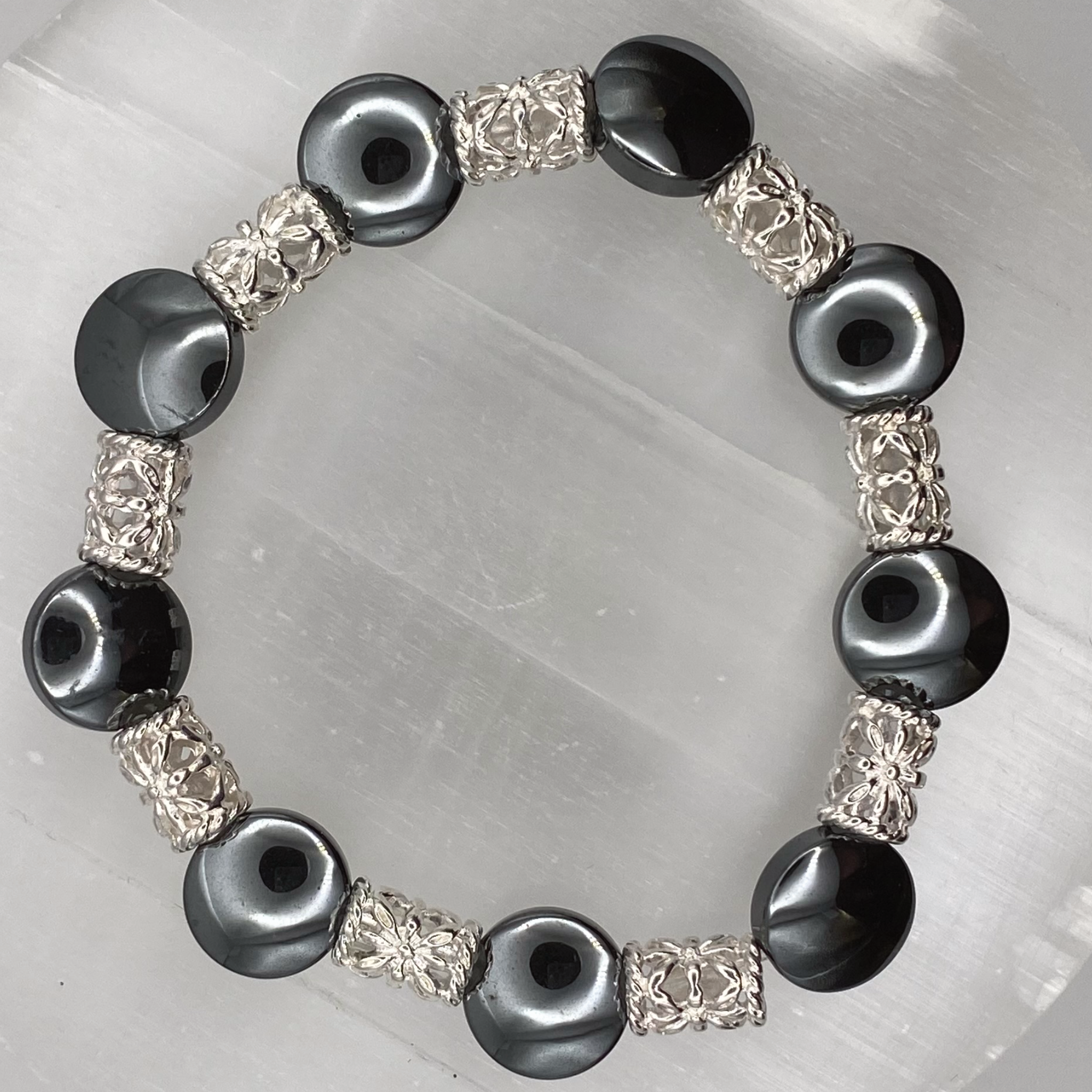 Black Agate Bracelet with Silver Spacers