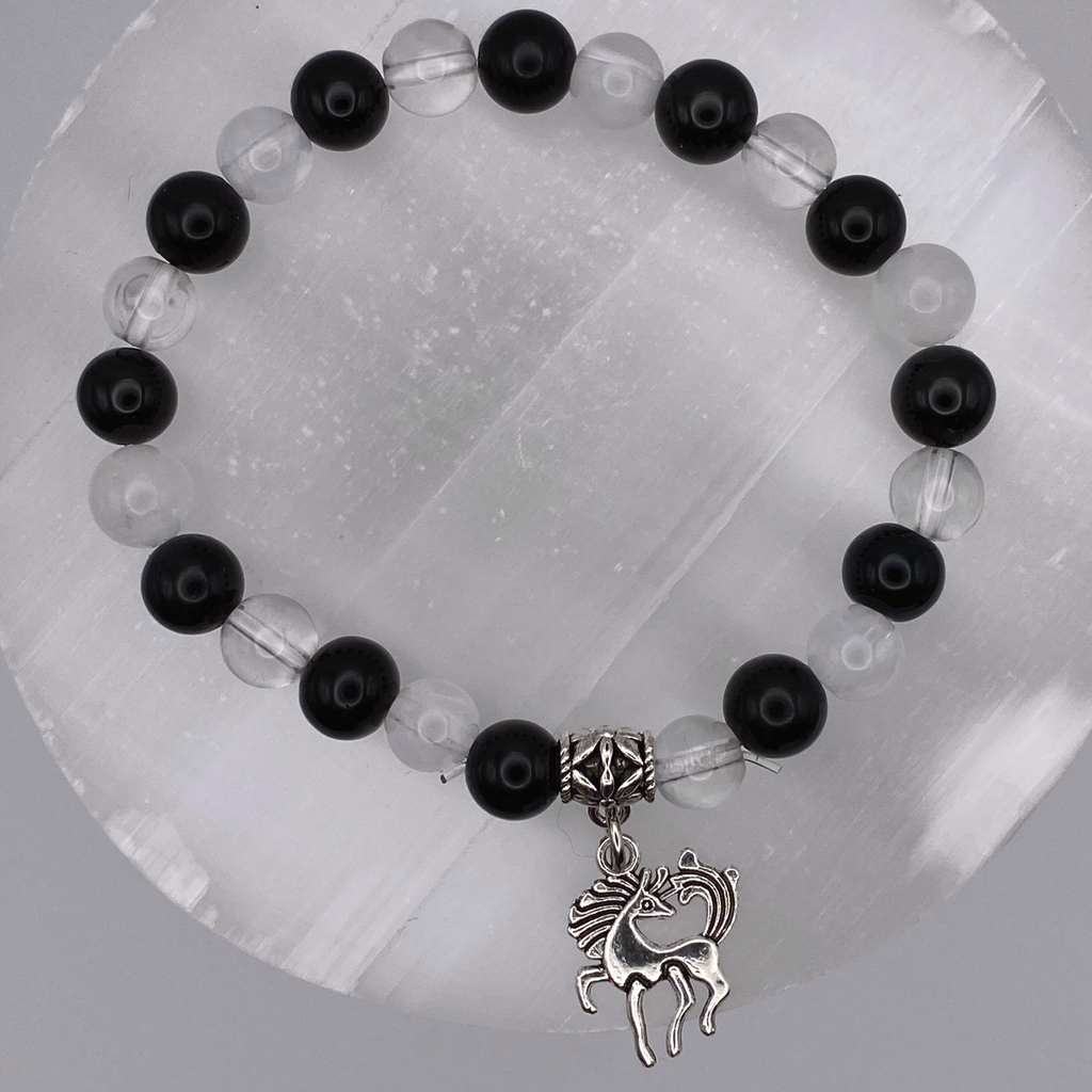 Clear Quartz Onyx Horse Charm Bracelet