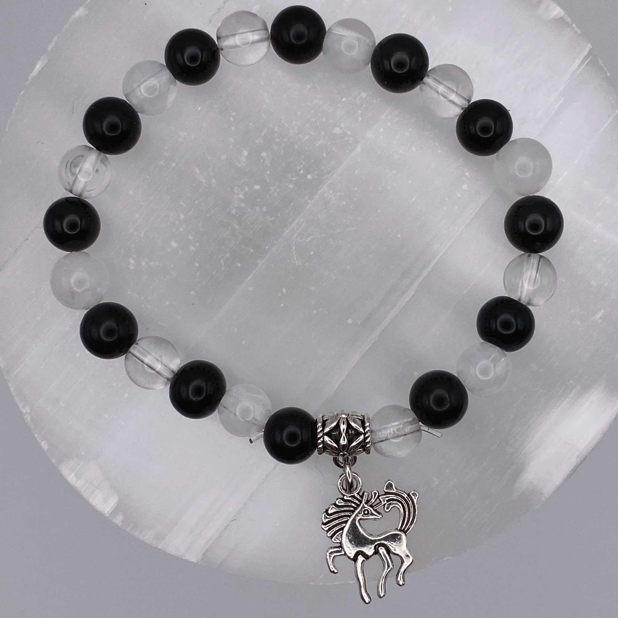 Clear Quartz Onyx Horse Charm Bracelet