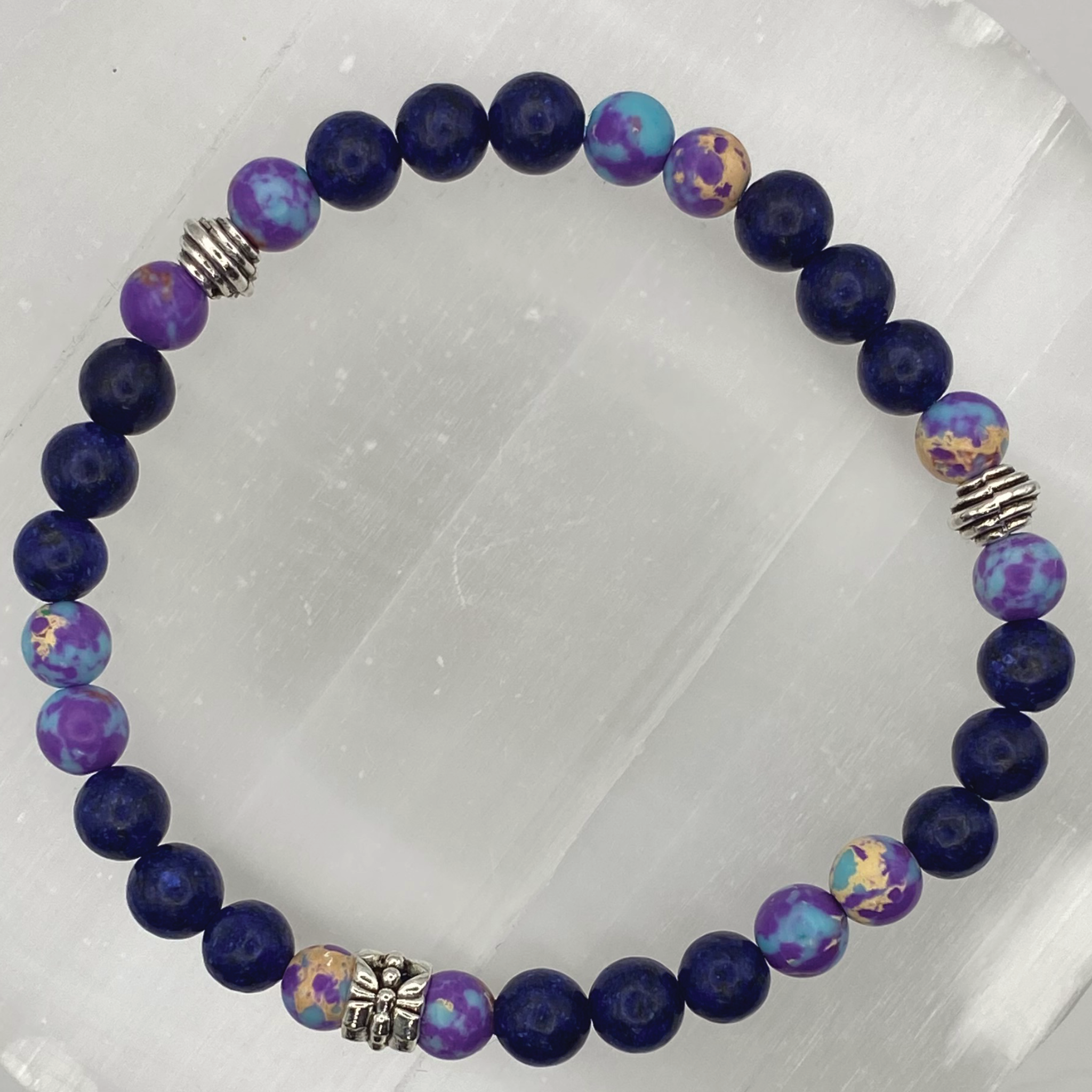 Imperial Jasper Sodalite Bracelet with Silver Tone Spacers
