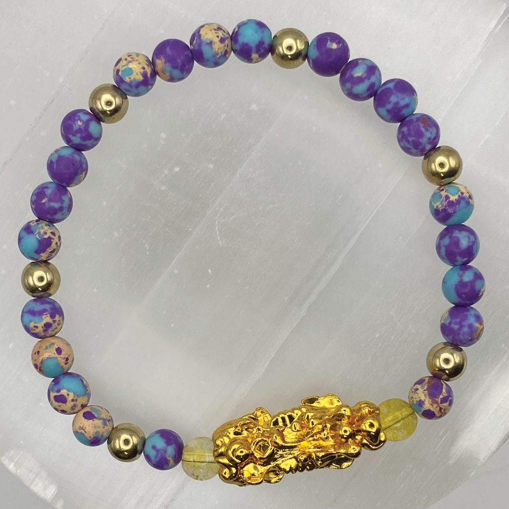 Imperial Jasper Pixiu Dragon Charm Bracelet with Gold Tone Spacers